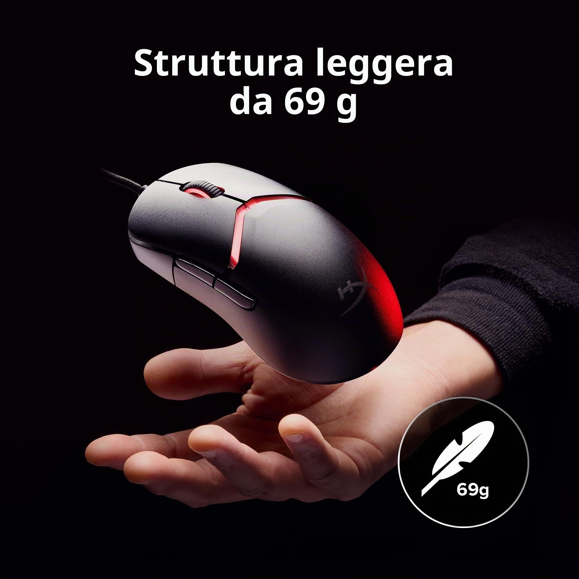HyperX Pulsefire Saga, Mouse Gaming Cablato Modulare RGB, Nero | Ultra Leggero 69 g, Sensore HyperX 26K, 8000 Hz, 6 Pulsanti