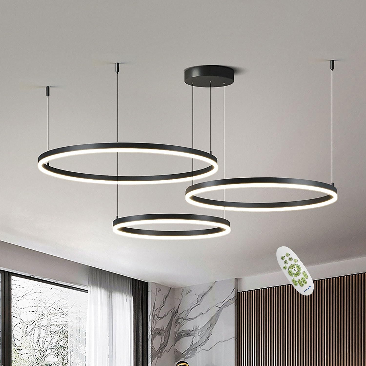 Lampy Wiszace Nowoczesna Restauracja LED Zyrandole Pierścień Ze Zdalnym Sterowaniem Ściemnialne Oświetlenie Sypialni Regulowana Wysokość Dla Salonu Kuchnia Lampy Sufitowe (Color : Black 20+40+60cm)