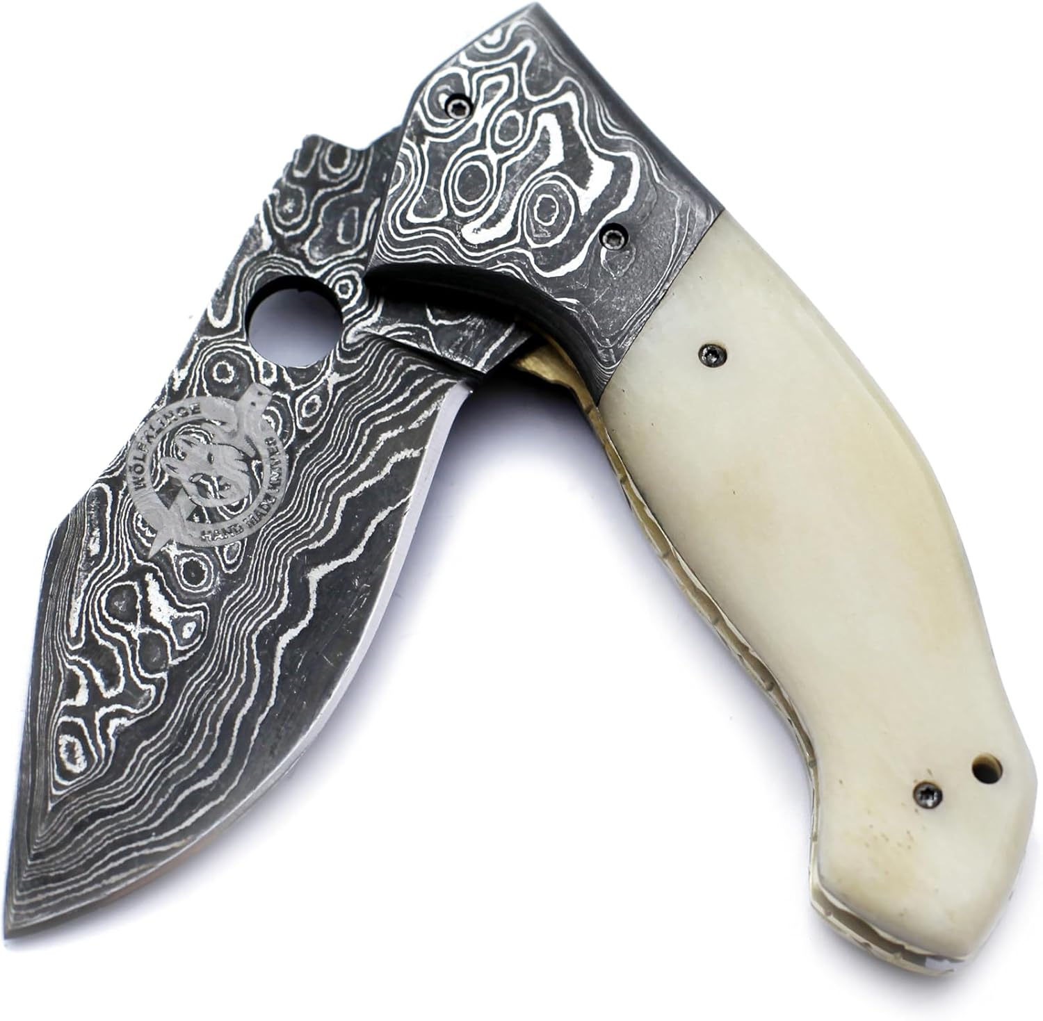 WÖLFKLINGE Damascus Handmade Folding Pocket Knife – The Ultimate EDC for Hunting, Survival, Camping, and Fishing with Bone Handle and Premium Cowhide Leather Sheath.