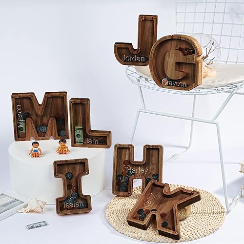 Miniatura 6 de Alcancía con nombre personalizado, 26 letras láser con texto personalizado, banco de monedas de madera, significado educativo, alcancía con nombre