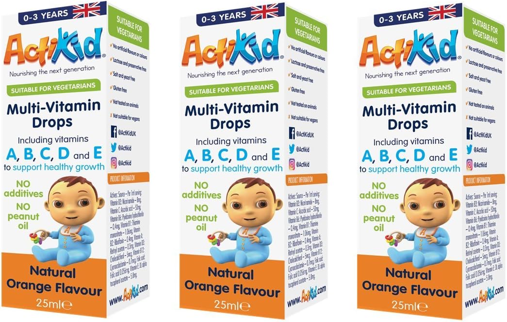 3X ActiKid Multi-Vitamin Drops 25ml, Gelatine Free (Vitamin Drops for Kids), Immunity Boost