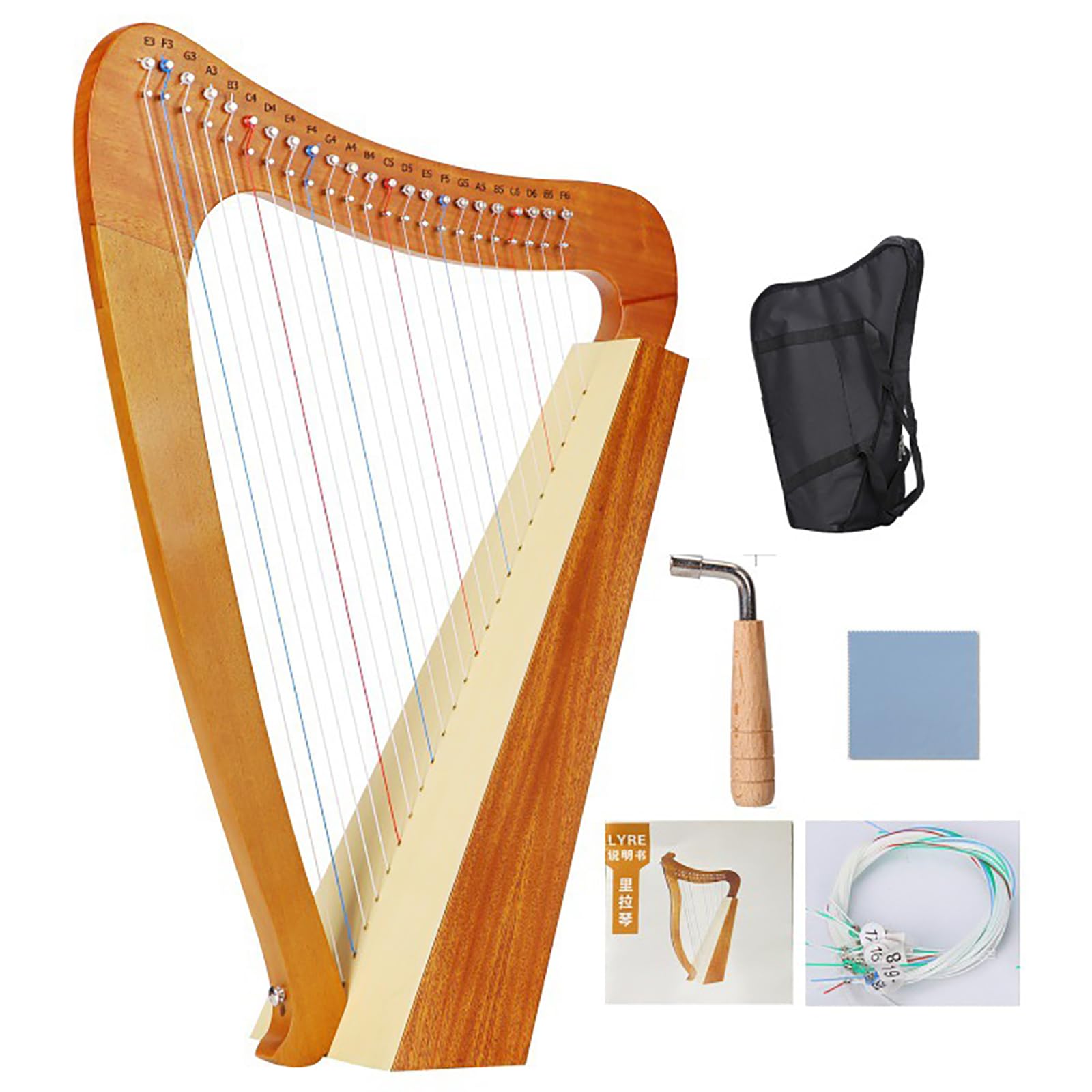 Arpa Celtica Irlandese, Arpa a Leva in Mogano a 19 Corde, Arpa a Lira in Mogano a 3 Fori con Chiave per Accordatura E Custodia Nera, Strumento Musicale di Risonanza, per Amanti della Musica