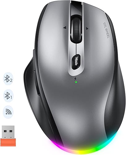 Doci Ratón Bluetooth inalámbrico, rueda inclinable de 4 vías, mouse ergonómico recargable LED, 4 DPI ajustables con 7 botones, modo dual