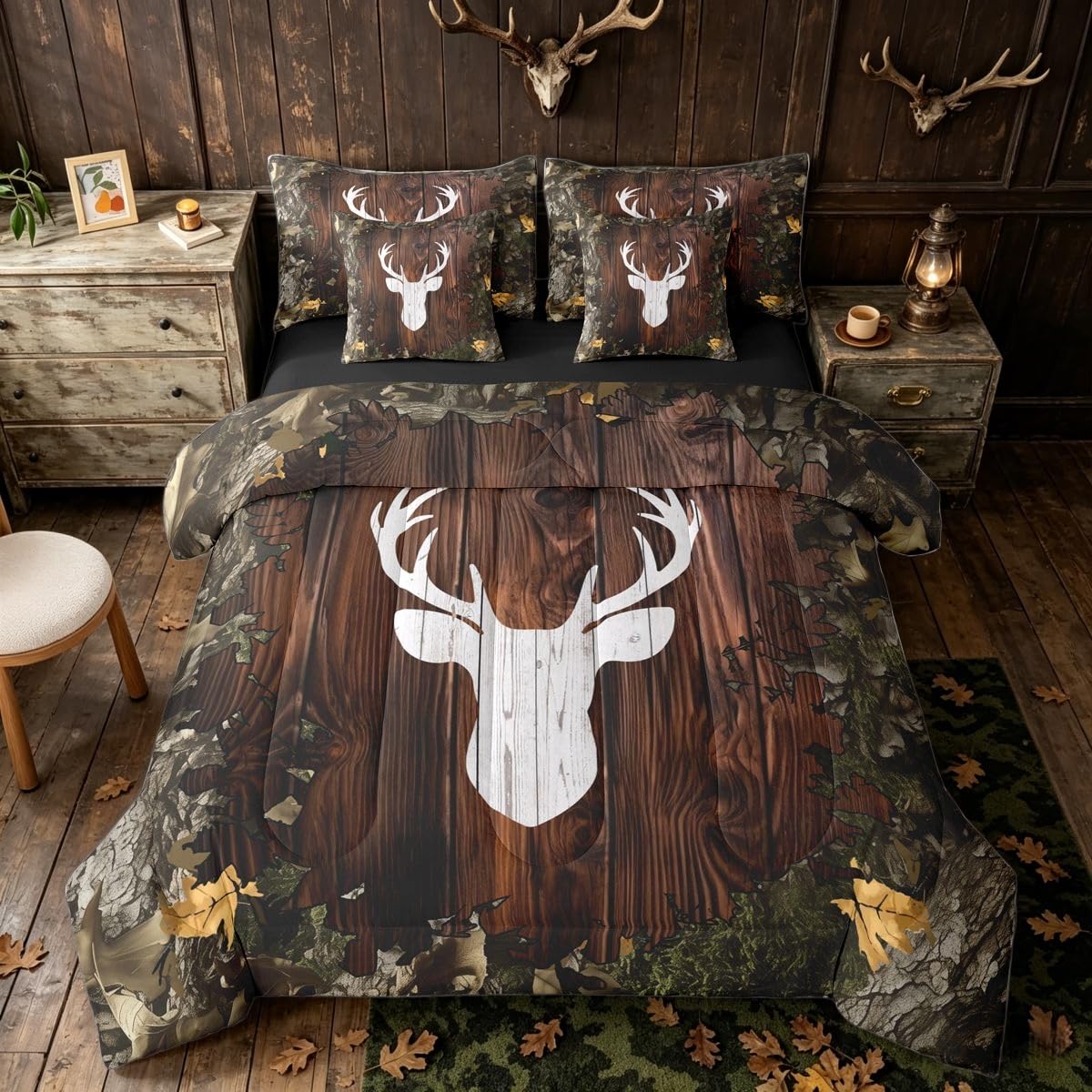 Erosebridal White Black Deer Camo 7 Piece Bedding Set Twin | Hunting Rustic Comforter Set with Sheets Woodland Antlers Bed in A Bag Adults Kids Bed Sets