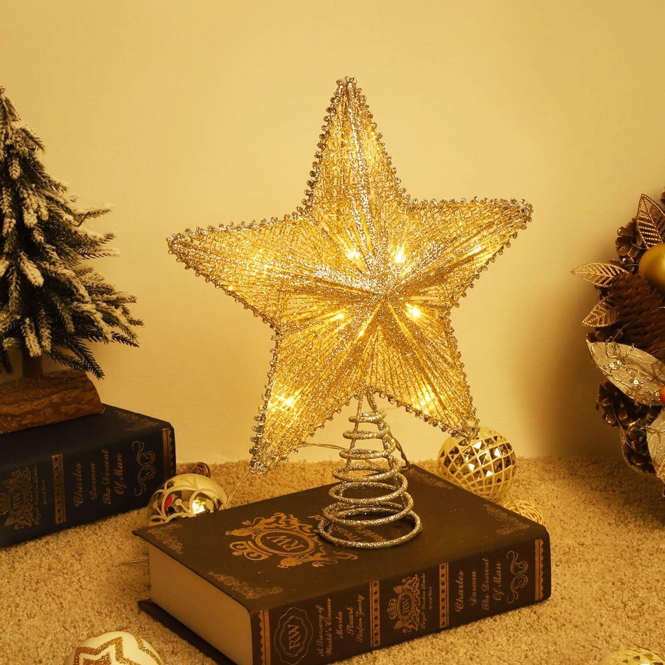 Lewondr Estrella de Cinco Puntas para Árbol de Navidad, Adorno de Árbol de Estrella Brillantes, USB con Mando a Distancia Ornamento Colgantes con Luces Led Decorativo Hogar Jardín, Oro