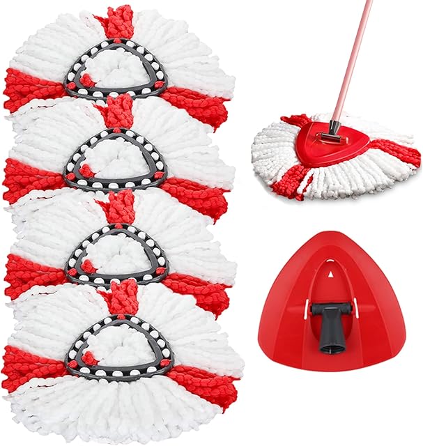 (4+1)Pack Microfiber Mops Heads Replacements Compatible with Vileda Turbo 2-In-1 Mop,Includes 1 Triangle Mop Head Base Fits O-Cedar Easy Wring & Clean Spin Mop Replacement Mop Head