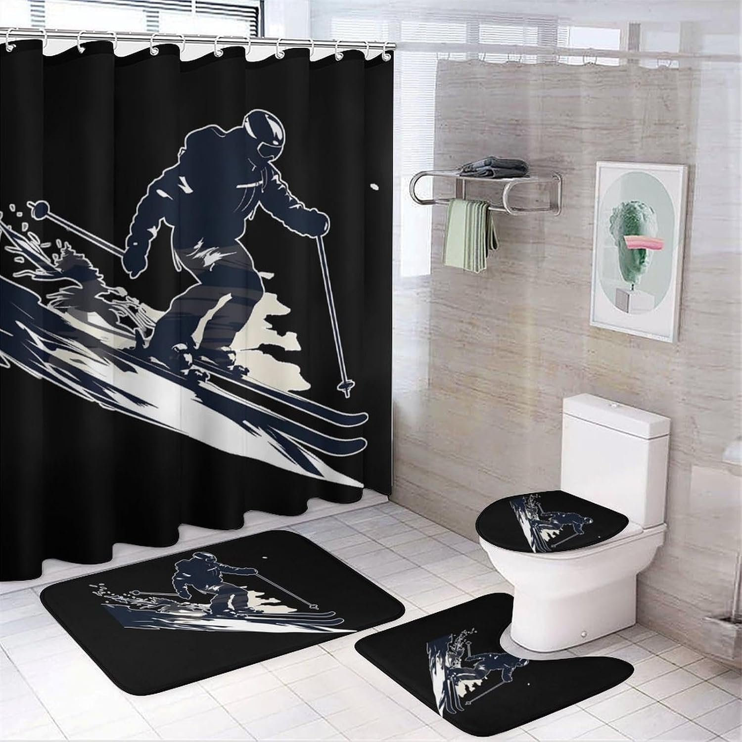 Skiing Ski Freeride Bathroom Set with Shower Curtain Rugs Toilet Lid Cover and Floor Mats 4 Piece