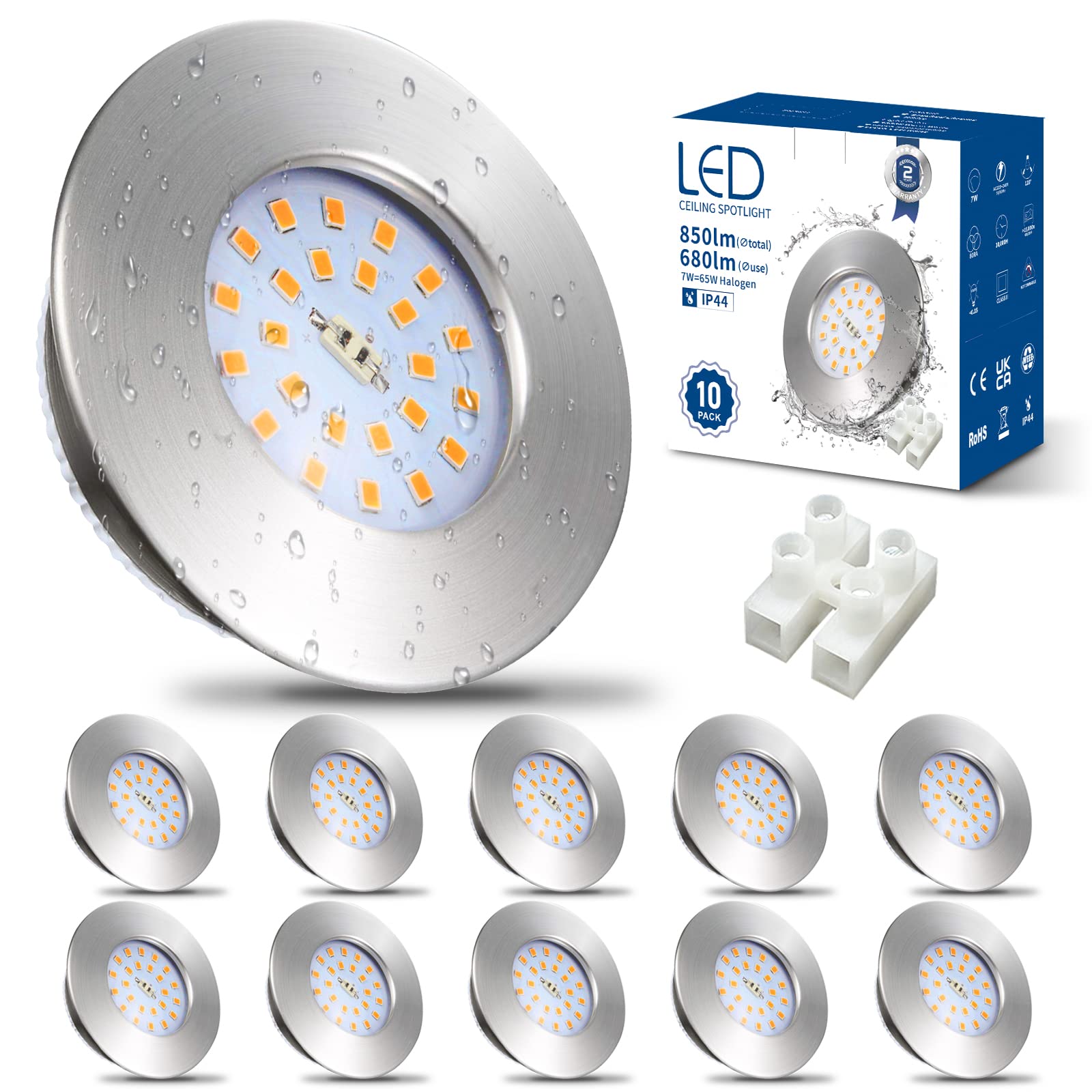 HiBay 10x Faretti Led da Incasso per Cartongesso 7W Faretti Led Soffitto Incasso 850LM,3000K Bianco Caldo,220V Bianco IP44,Foro Ø60mm-65mm per Cucina,Esterno