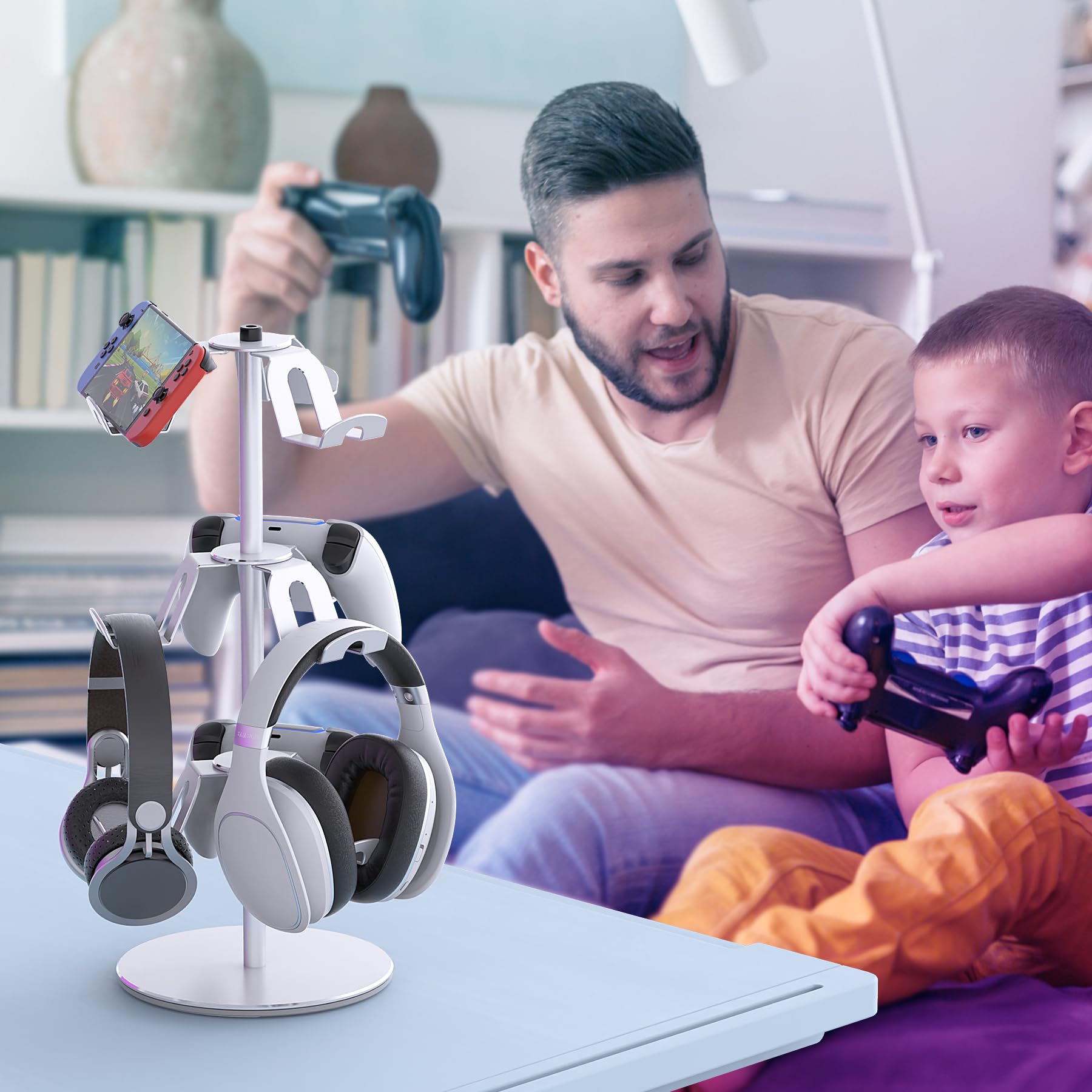 Soporte de controlador compatible con Xbox PS5 PS4 Nintendo Switch, soporte de aluminio para auriculares de 3 niveles, organizador giratorio para controlador de auriculares, universal y de gran