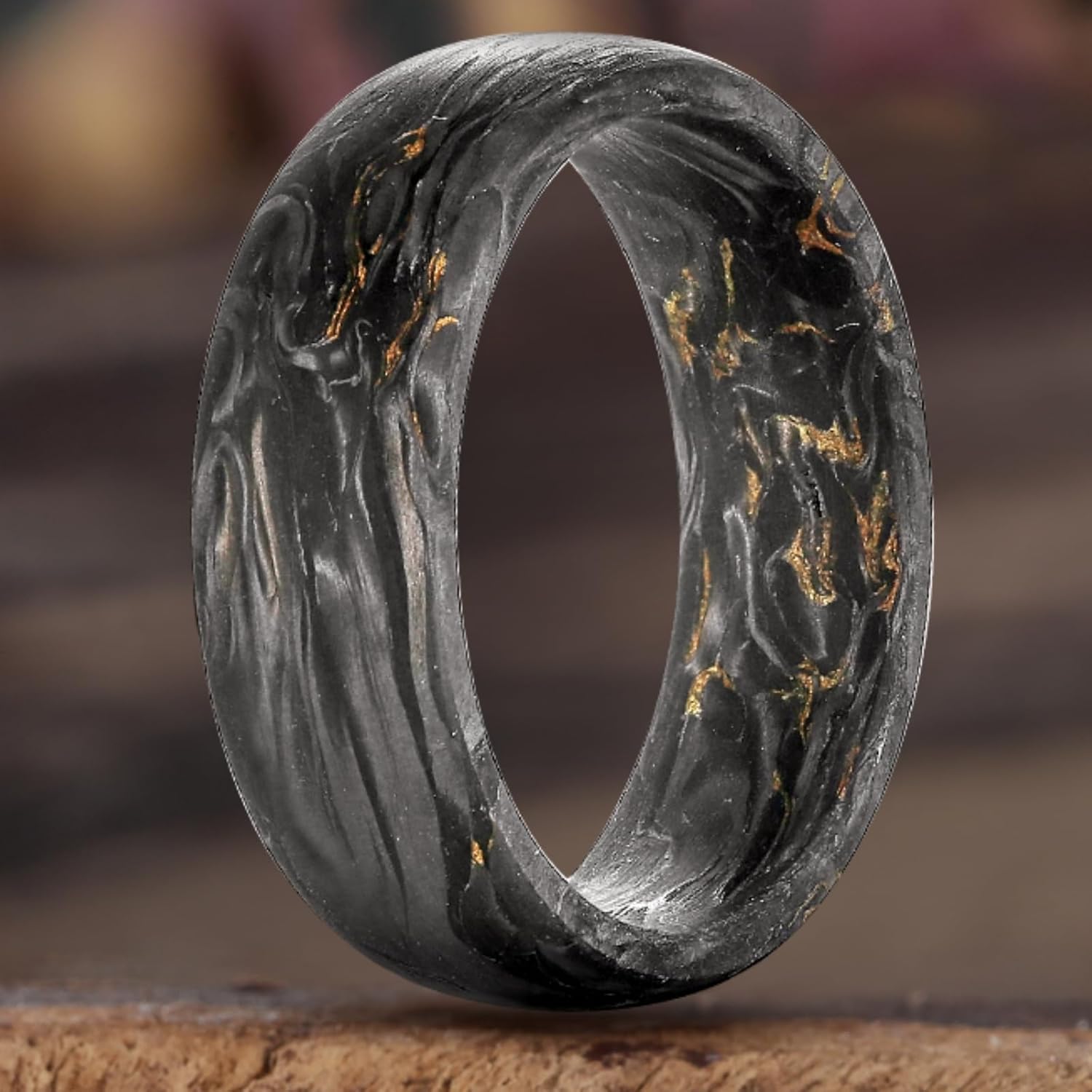 NUNCAD Men's Rings 8mm Black Pure Carbon Fiber Engagement Wedding Band Gold Leaf Inlay Domed Comfort Fit Size 7-12 - Image 2