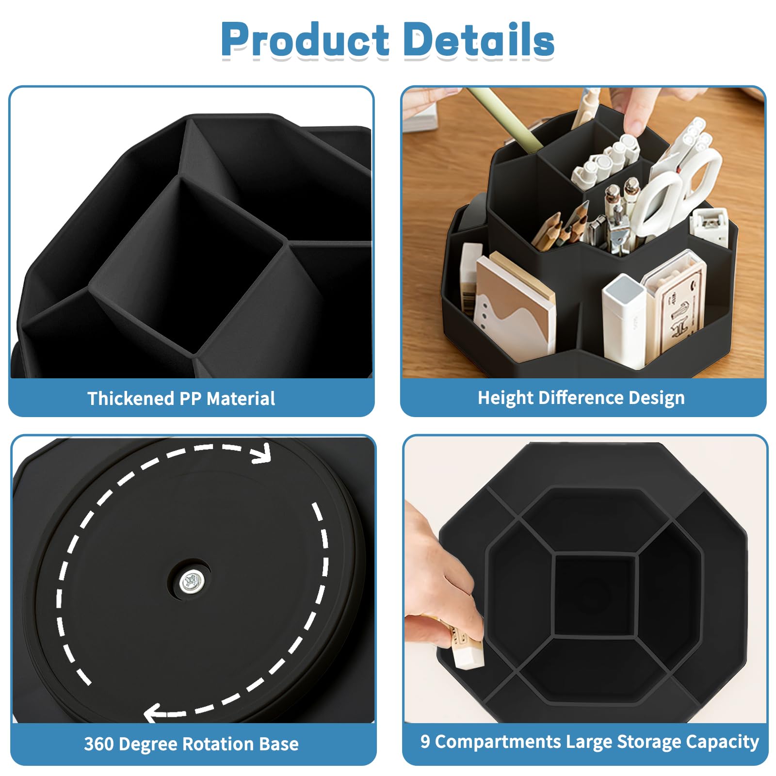 Ceysin Desk Organiser, 360 Degree Rotating Pen Pencil Holder with 9 Compartments - Image 3