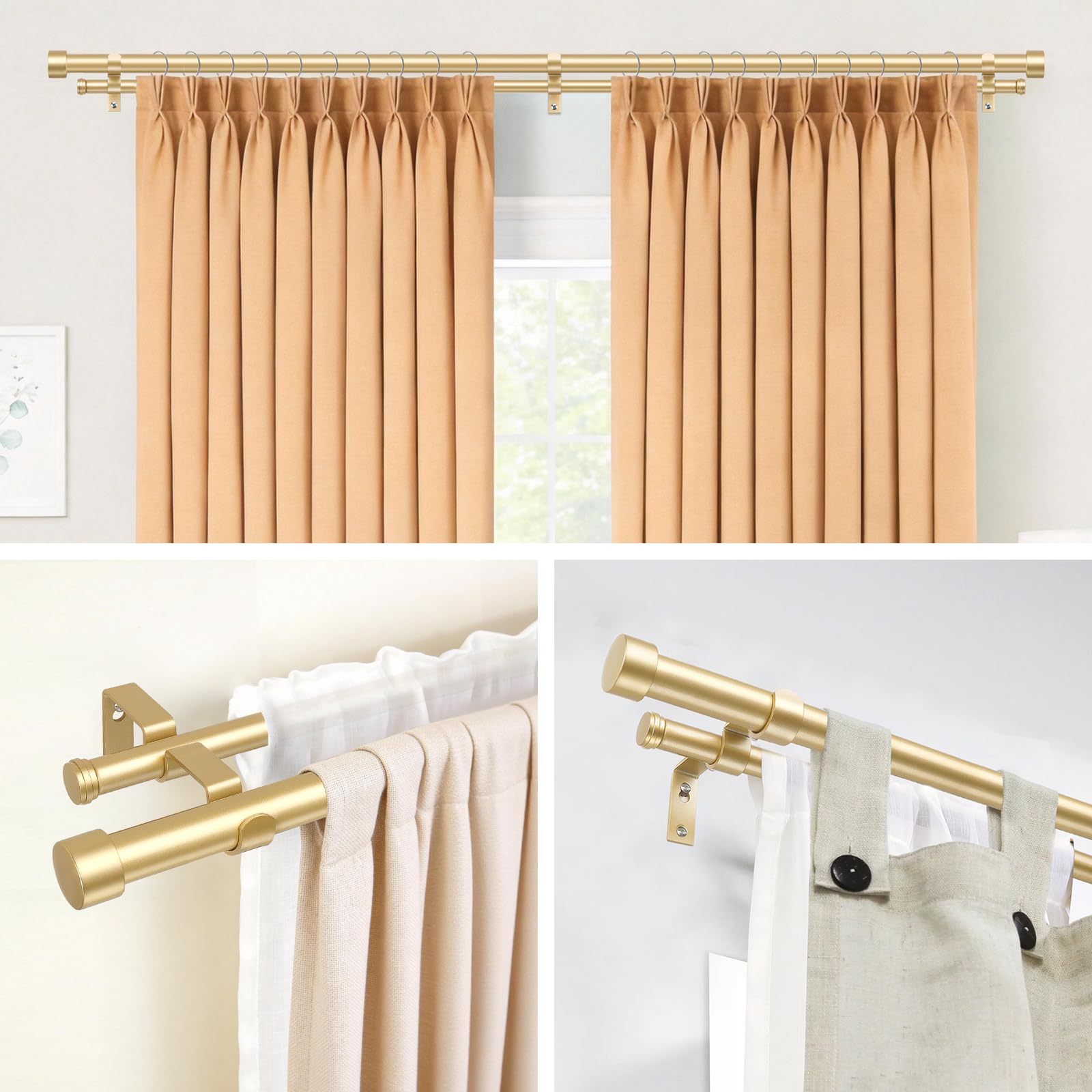 KAMANINA Double Tringle a Rideaux Doré, Tringle Rideau Extensible 190-355cm | Barre Rideau Extensible, Montage Mural, Métal, 25 mm Diamètre, Charge 15 KG, avec Embouts, pour Exterieur, Chambre, Salon