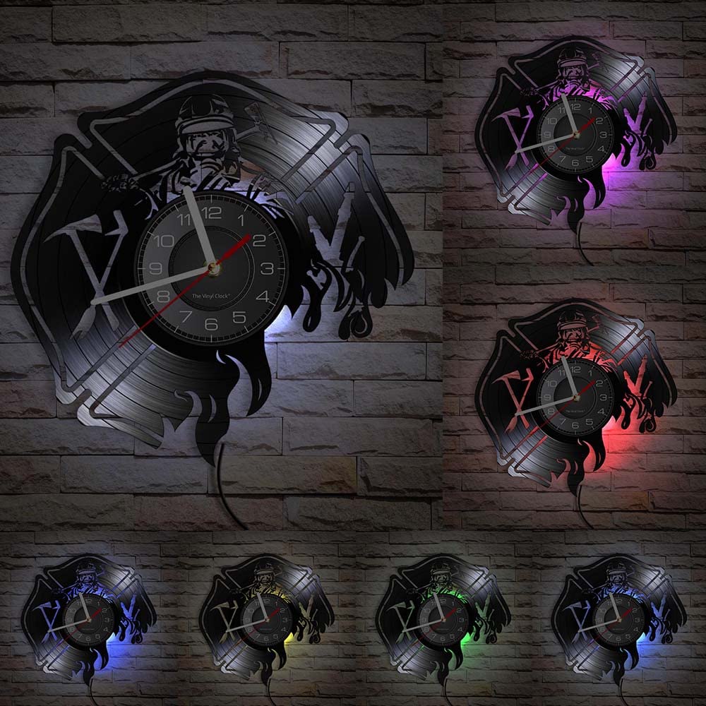 Orologio da parete in vinile, orologio analogico modello vigile del fuoco, luce notturna a LED con telecomando, decorazione da parete orologio da parete regalo!