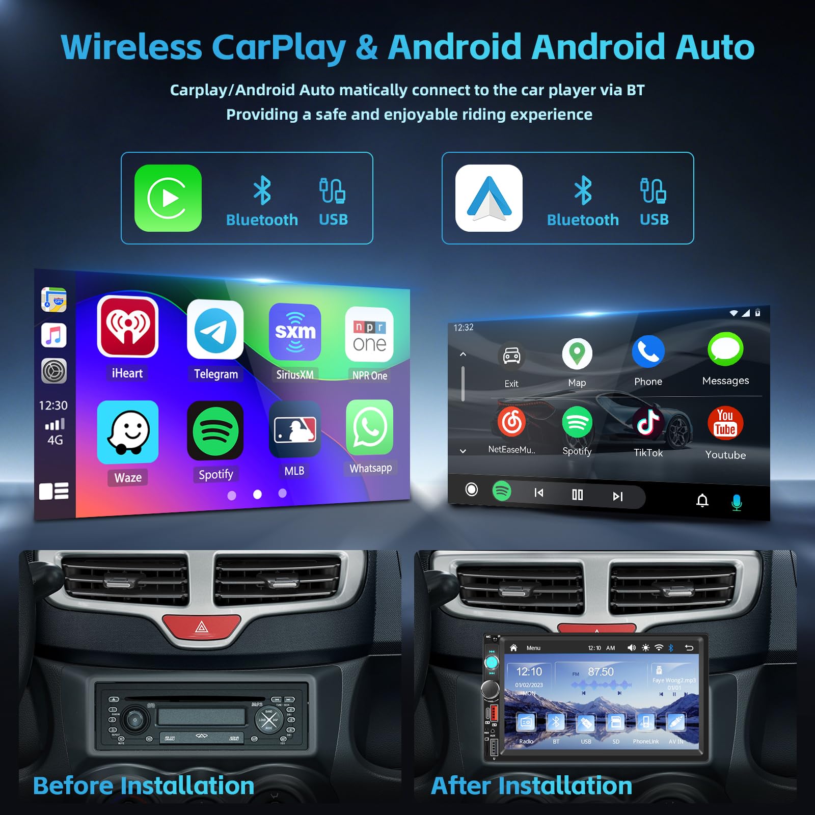 Radio samochodowe 2-DIN Apple CarPlay 7 z ekranem dotykowym, radio 2-DIN CarPlay z Androidem, radio 2-DIN z Androidem i 7-calowym ekranem