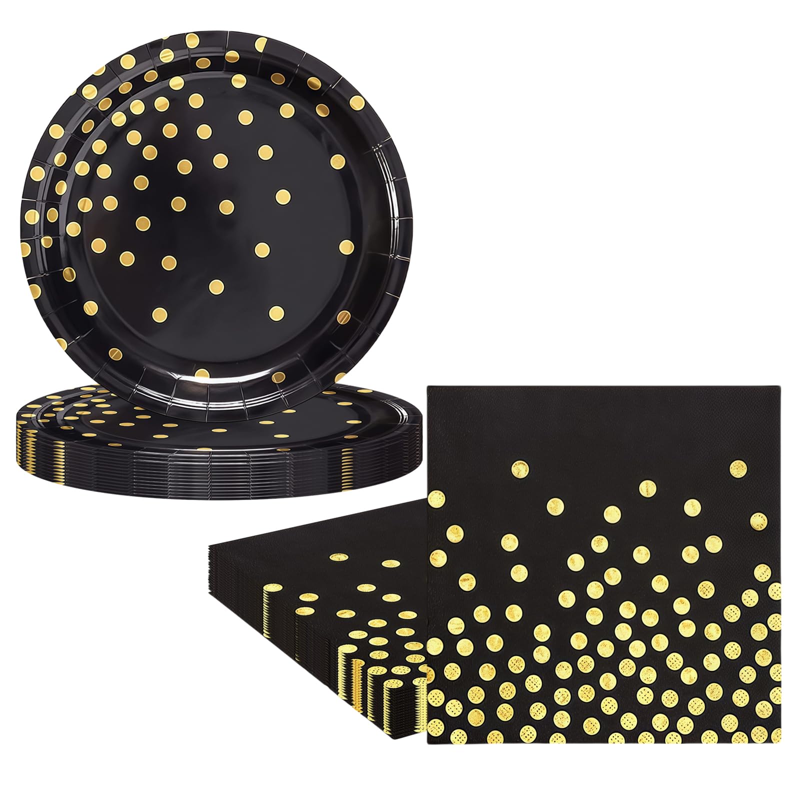 20Pcs Black Gold Paper Plates and Napkins Party Tableware Set,Golden Dot Birthday Paper Dessert Cake Plates Serviettes Disposable Tableware Set for Her Him Girls Women Baby Shower Table Decor โ image 1