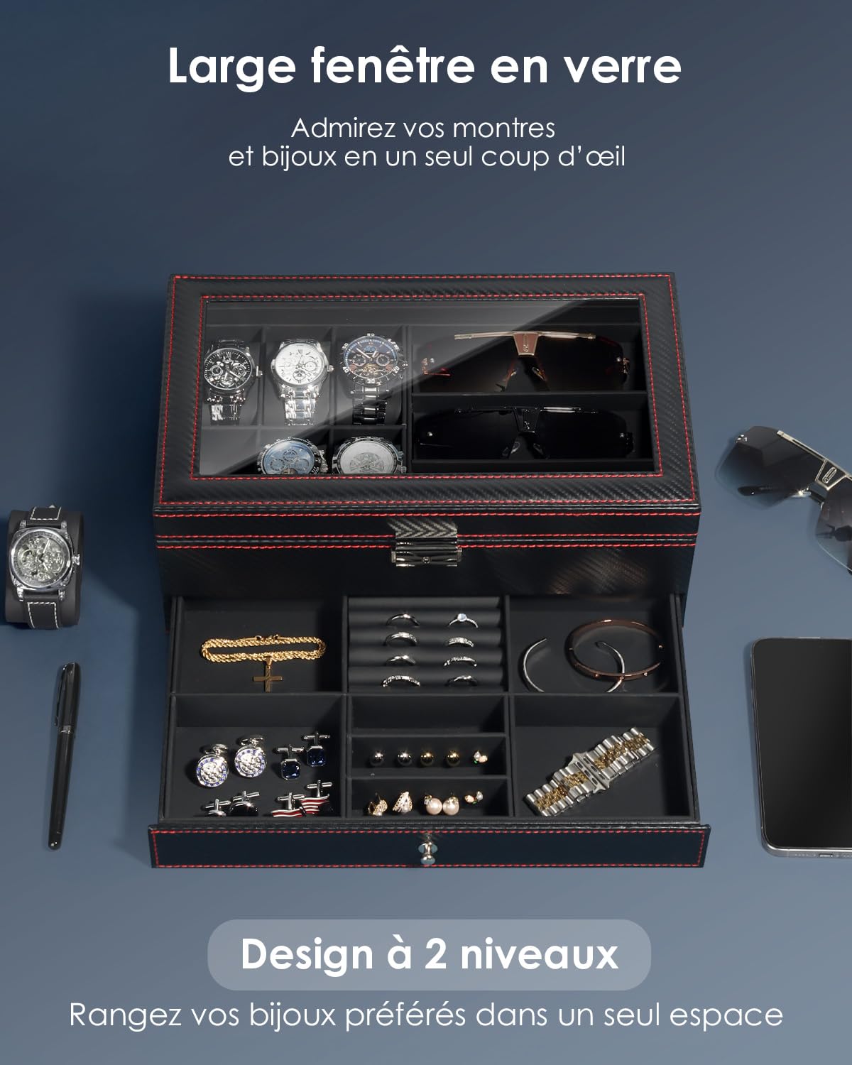 Kukikan Étui pour montre design, étui à bijoux avec couvercle en verre, 6 compartiments, 2 niveaux, boîte à bijoux pour homme et femme avec serrure, support de montre