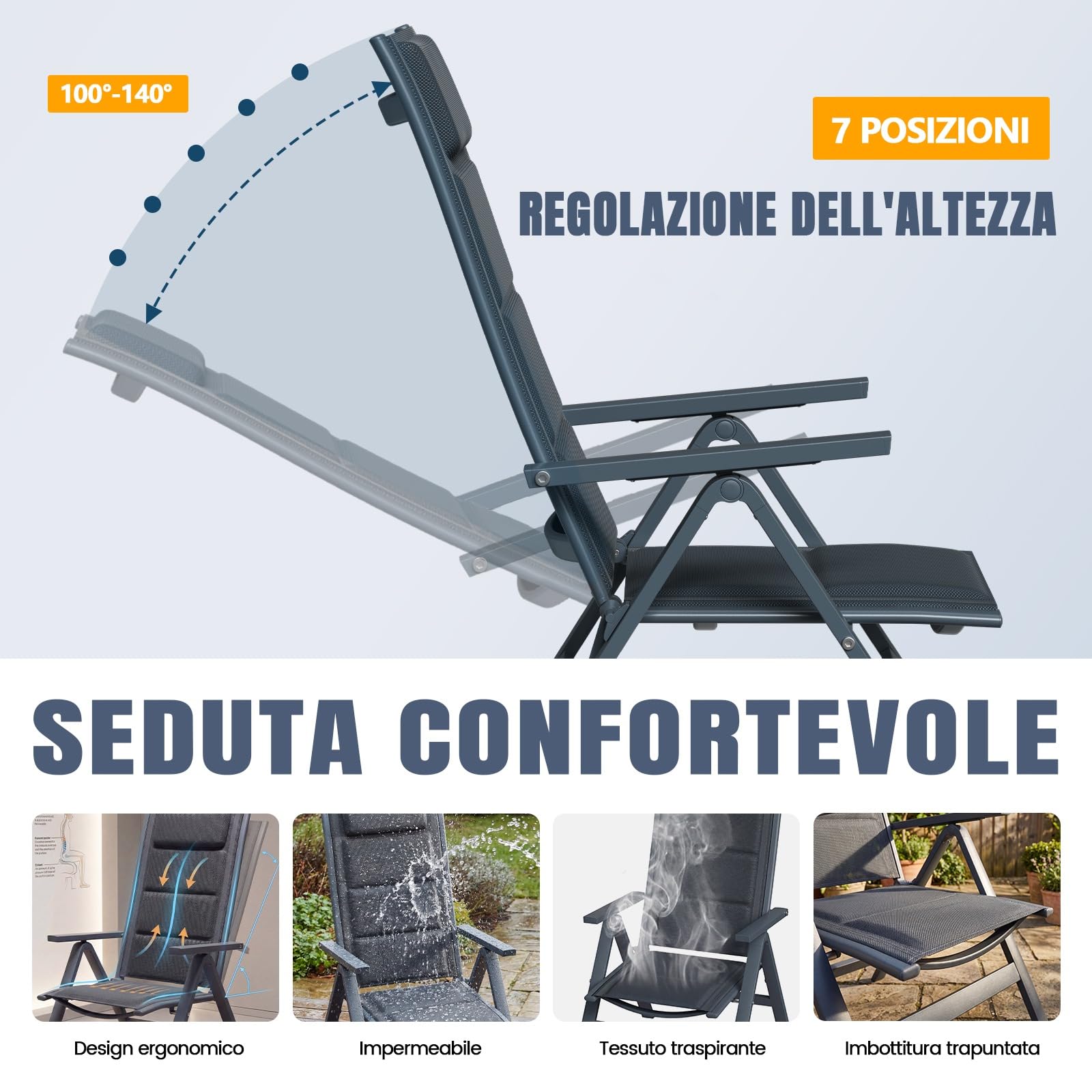Devoko Set 2 Sedie da Giardino Pieghevoli in Alluminio Regolabile 7 Posizioni Schienale Alto