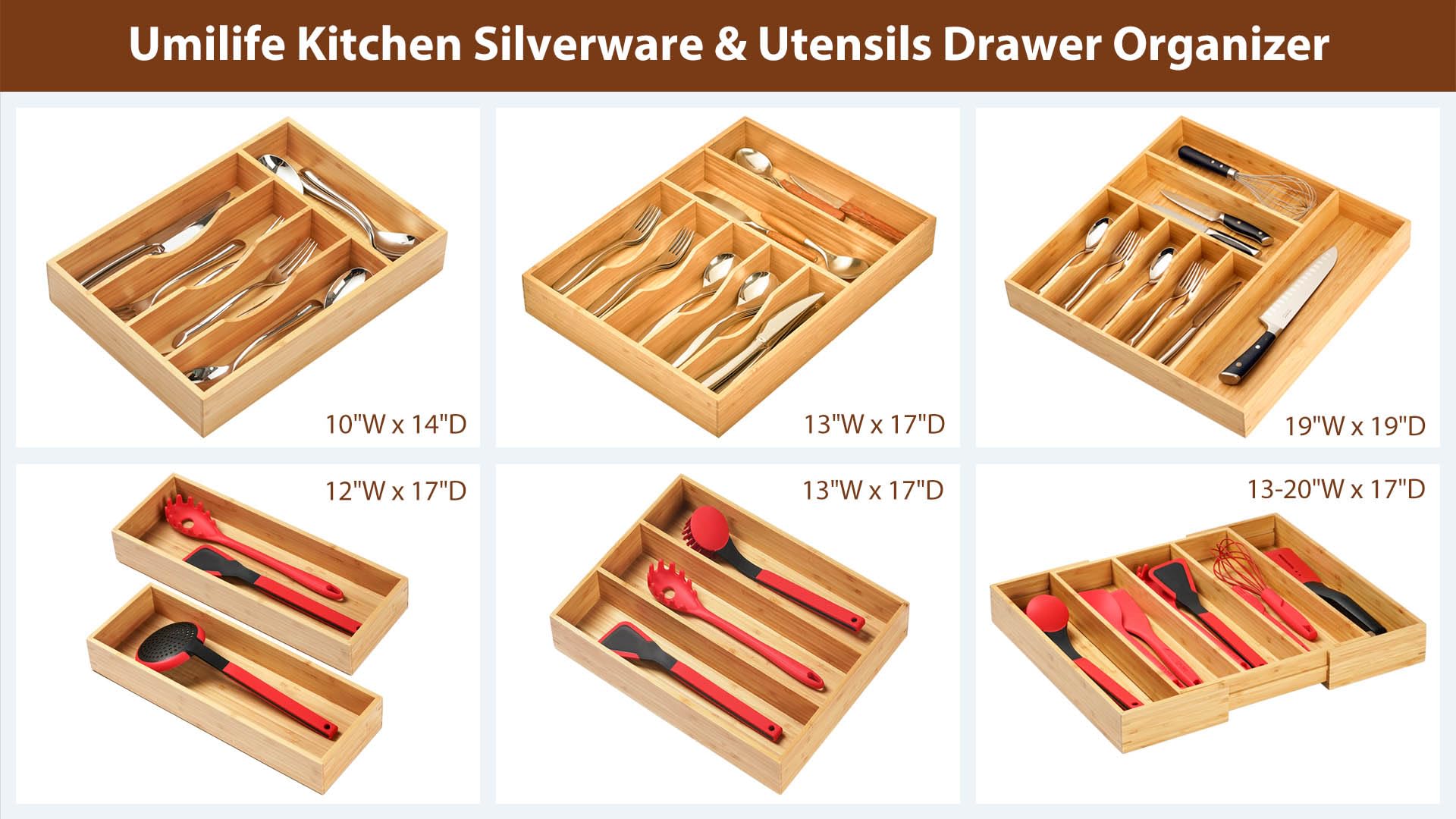 Umilife Organizer per cassetti da cucina in bambù, 17,8 cm, vassoio per utensili per piccoli cassetti, contenitore in legno per posate, posate e coltelli