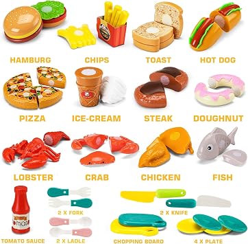 42 Items 87 Pcs Cutting Play Kitchen Set for Kids, Pretend Cooking Fruit &Vegetables&Fast Food with Storage Basket, Fake Food Toys for Toddler&Baby, Educational Gift for Girls Boys Children Birthday