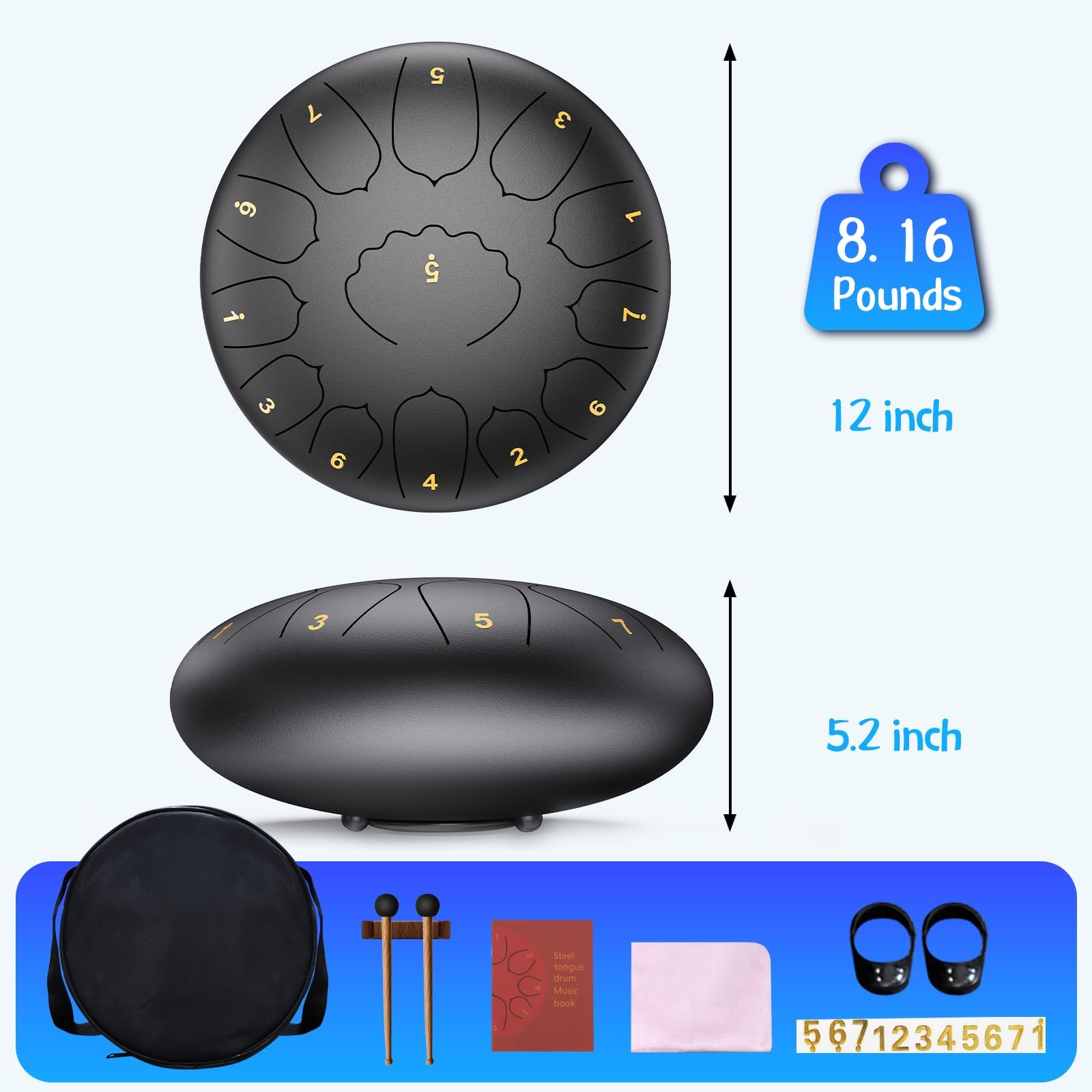Tambor de lengua profesional de acero para adultos y niños, instrumento de percusión de mano de 8/12 pulgadas con notas de 11/13 para yoga, meditación, musicoterapia y conciertos (negro, 12 pulgadas)