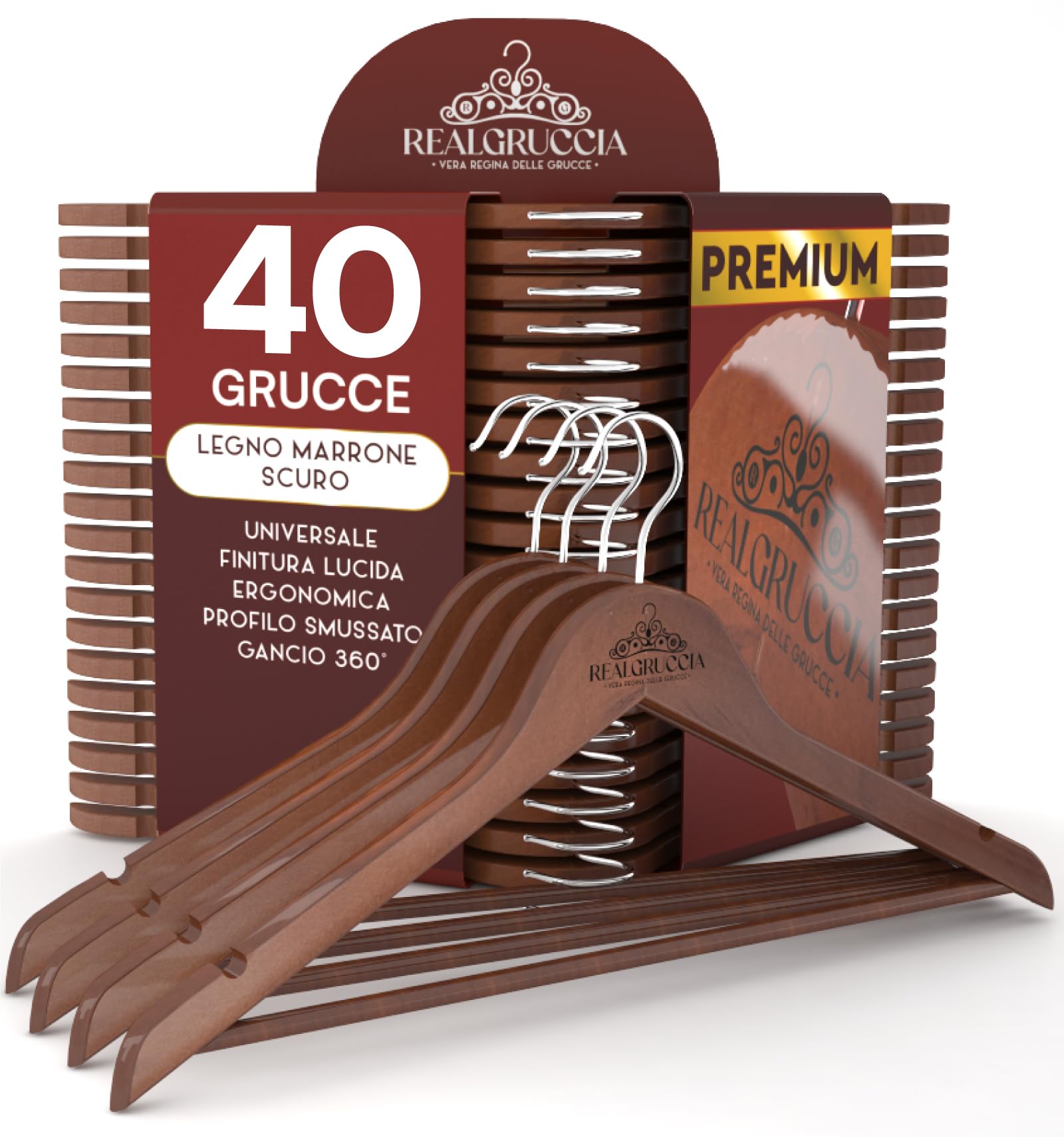 40 Grucce in Legno Marrone Scuro per Vestiti Abiti Giacche e Camicie - Appendiabiti 22x45cm - RealGruccia Barra Pantaloni Tacche Antiscivolo e Gancio Girevole 360° - Profilo Smussato Finitura Lucida