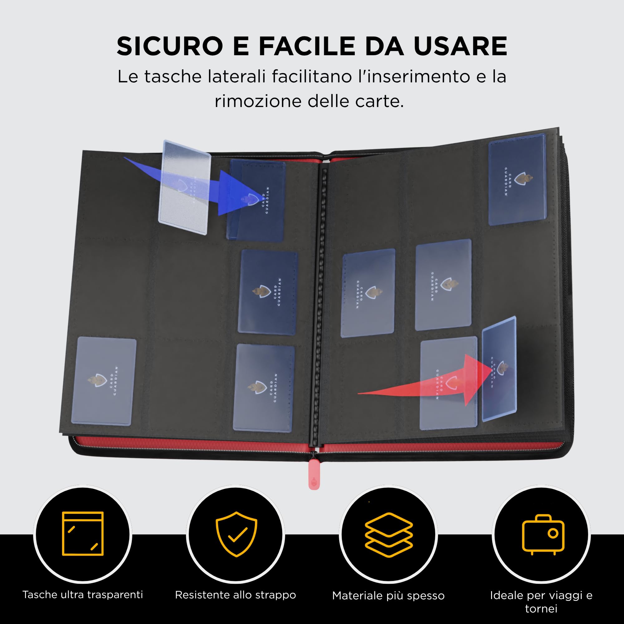 Card Guardian – Raccoglitore Carte Premium 9 Tasche con Cerniera | Album 360 Carte con Tasche a Caricamento Laterale – Binder Carte per TCG, MTG, One Piece, YuGiOh (Rosso)