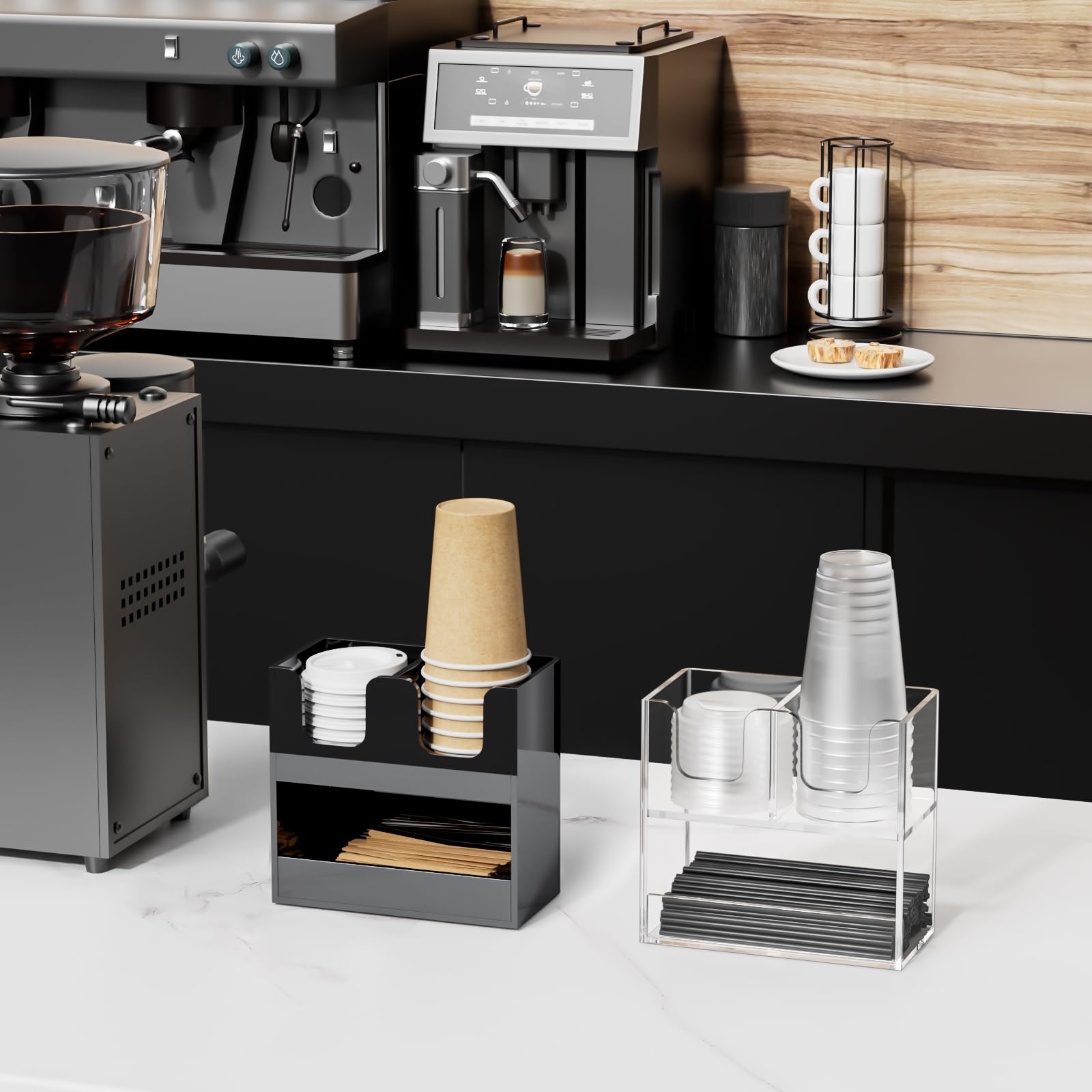 Beego Portavasos de 3 compartimentos para encimera, dispensador de tazas de acrílico negro de 2 niveles, estación de café, taza de papel y tapa, organizador de condimentos para restaurante, sala de