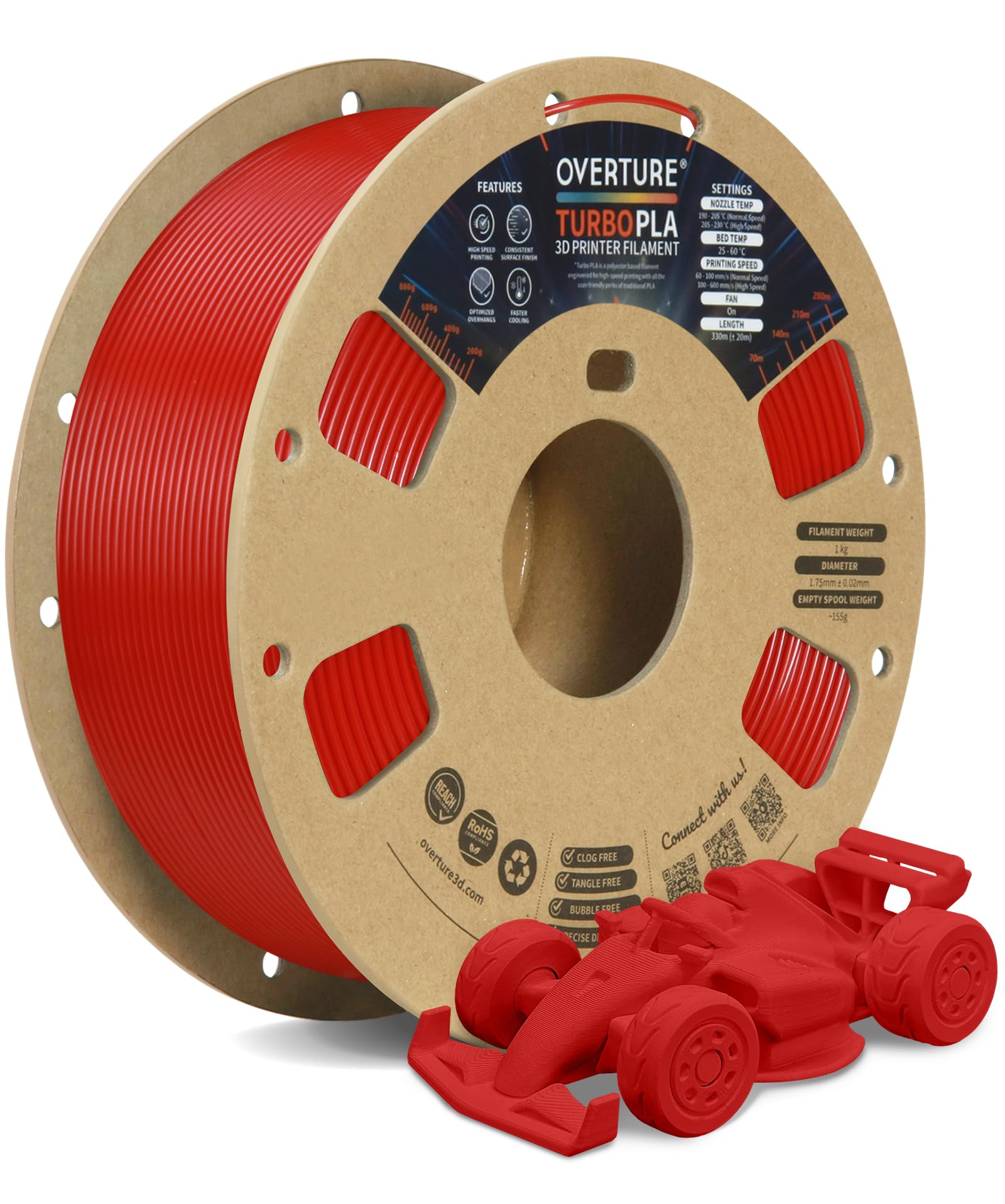 OVERTURE Filamento Turbo PLA Filamento PLA Rapido da 1.75 mm Alta Velocità 600 mm/s, Filamento per Stampante 3D Hyper PLA, Precisione Dimensionale +/- 0,02 mm, 1 kg/Spule (Rosso)