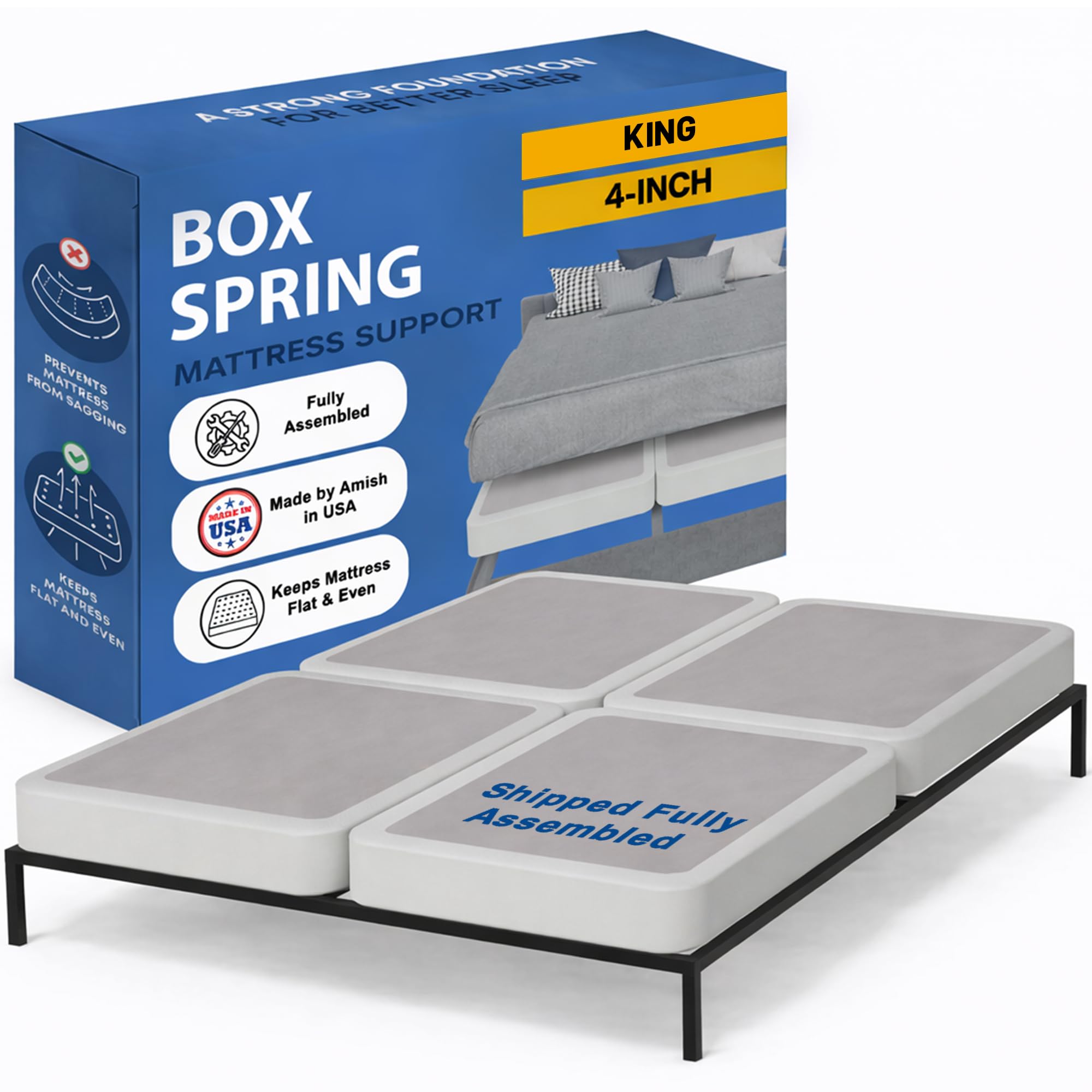 Greaton, Box Spring Bed Base King Size, 4-Inch Wood Mattress Foundation – Amish Made in USA – Quiet Noise Free, 4-Pieces Under Mattress-Support