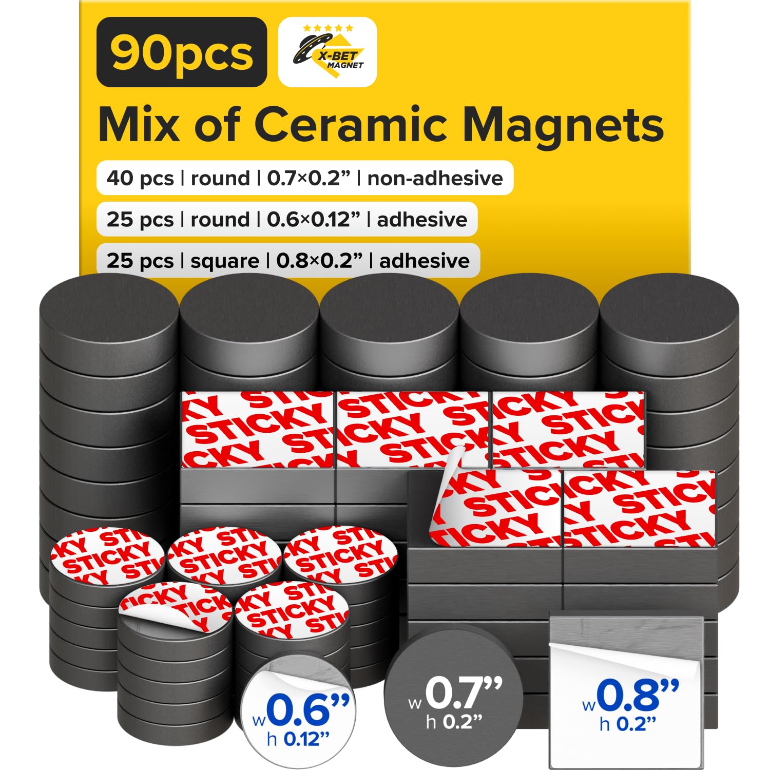 X-Bet Magnet Silver-Gray Strong Ceramic Round And Square Magnets With Adhesive Backing (3 Sizes Mix, 90 Pcs) – Heavy Duty Sticky Magnets, Non-Corrosive, Versatile For Home, Office, Workshop, Whiteboard, Fridge And Hobby Use