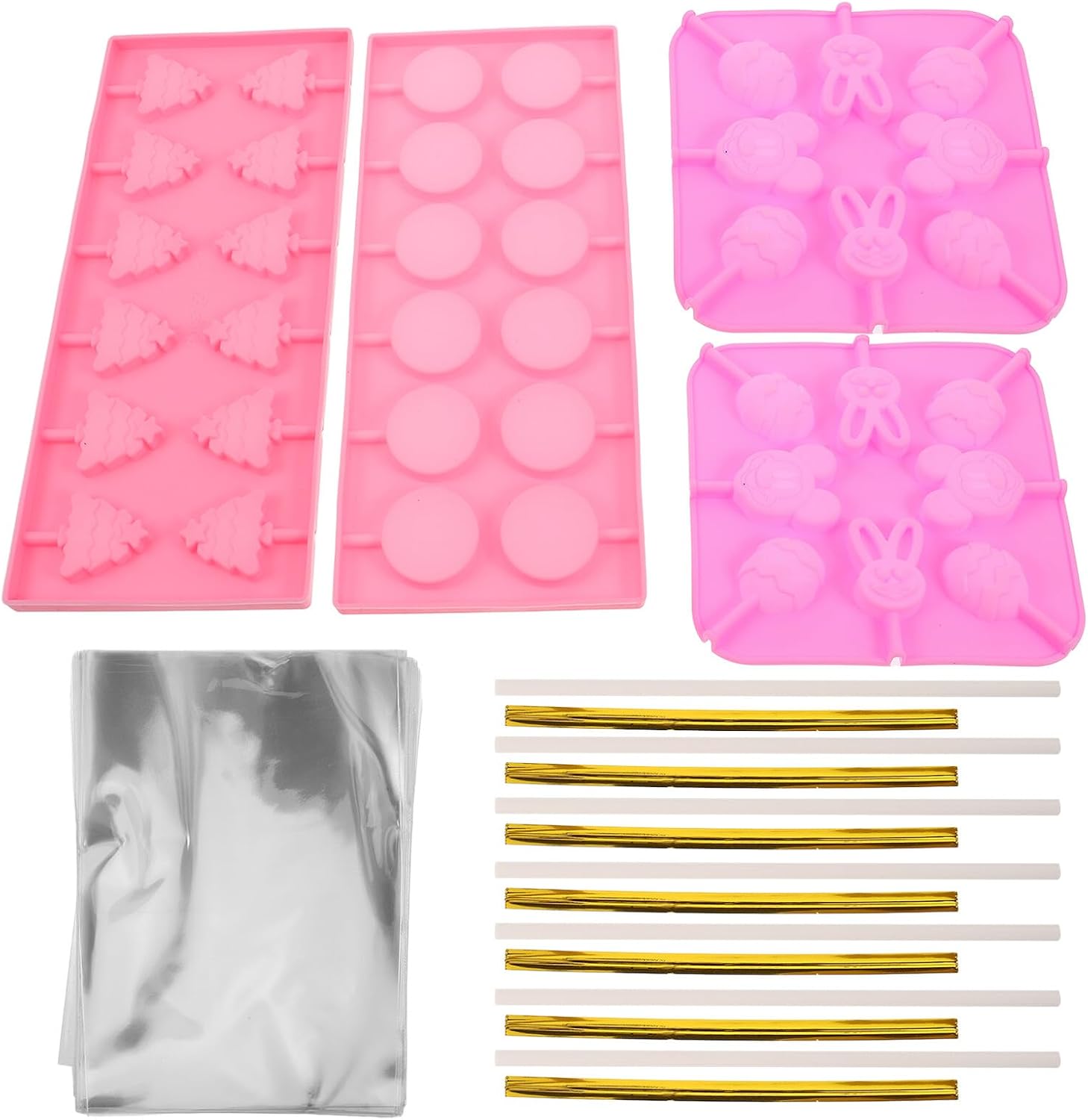 BESPORTBLE Silicone Chocolate Mold Set 7pcs Hard Candy Lollipop Molds with 304 Stainless Steel Sticks DIY Christmas Candy for Holiday Baking