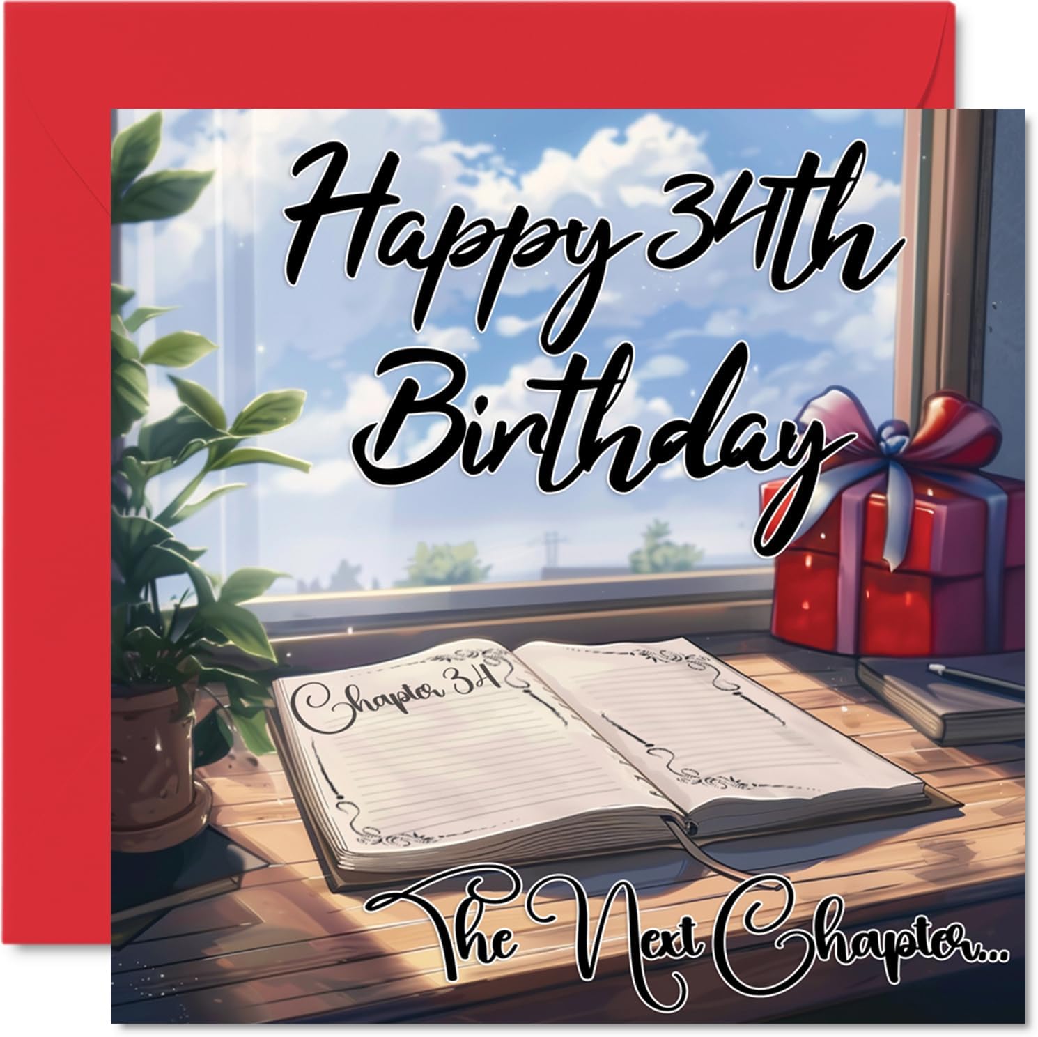 Anime 34th Birthday Cards for Woman Men - The Next Chapter - Happy Birthday Card for Dad Mom Son Daughter Brother Sister Uncle Aunt Cousin, 5.7 x 5.7 Inch Bday Greeting Cards