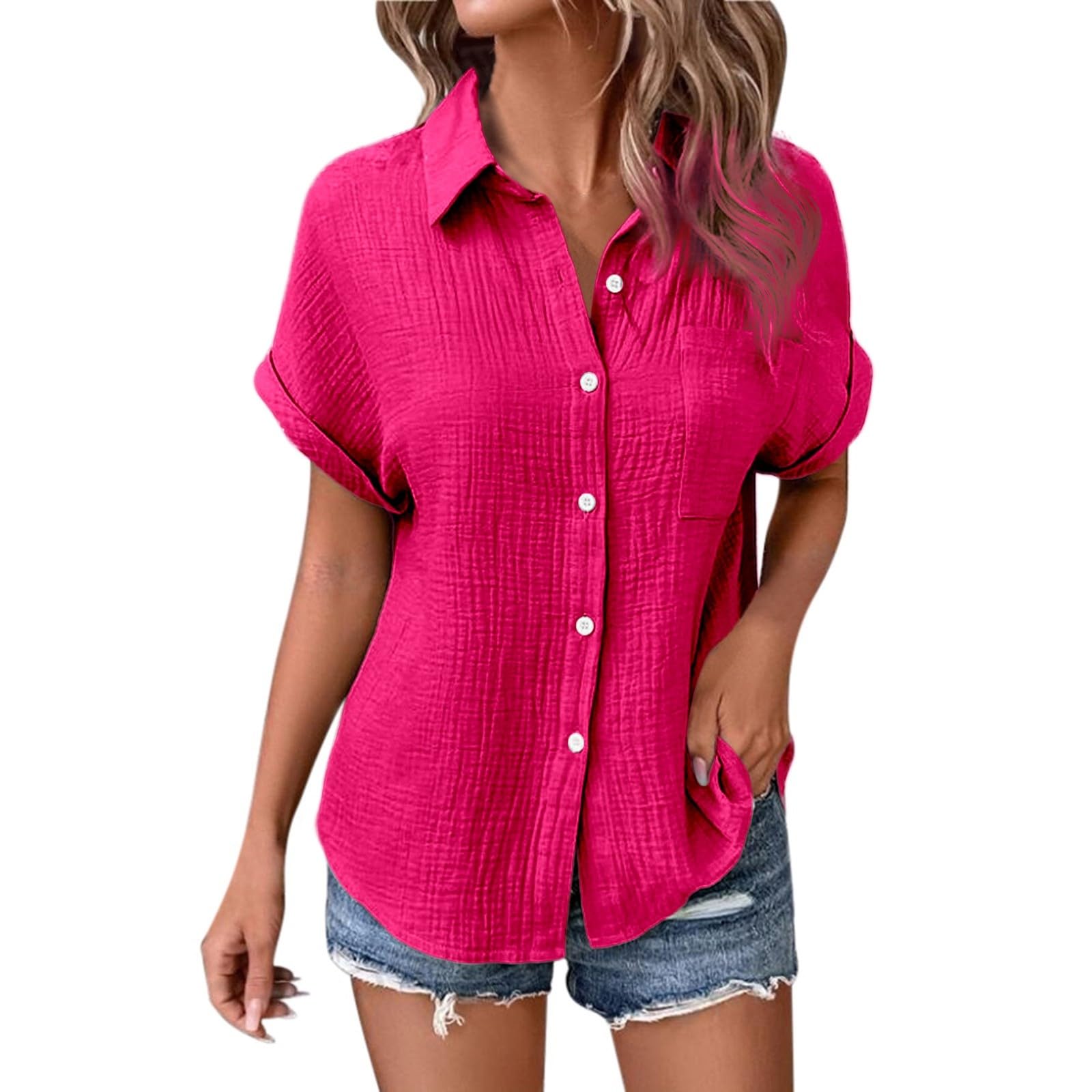 Camisas de lino de manga corta con botones para mujer, estilo casual, de verano, color liso, con cuello, manga dolman, blusas de muselina para playa, ajuste holgado, de algodón