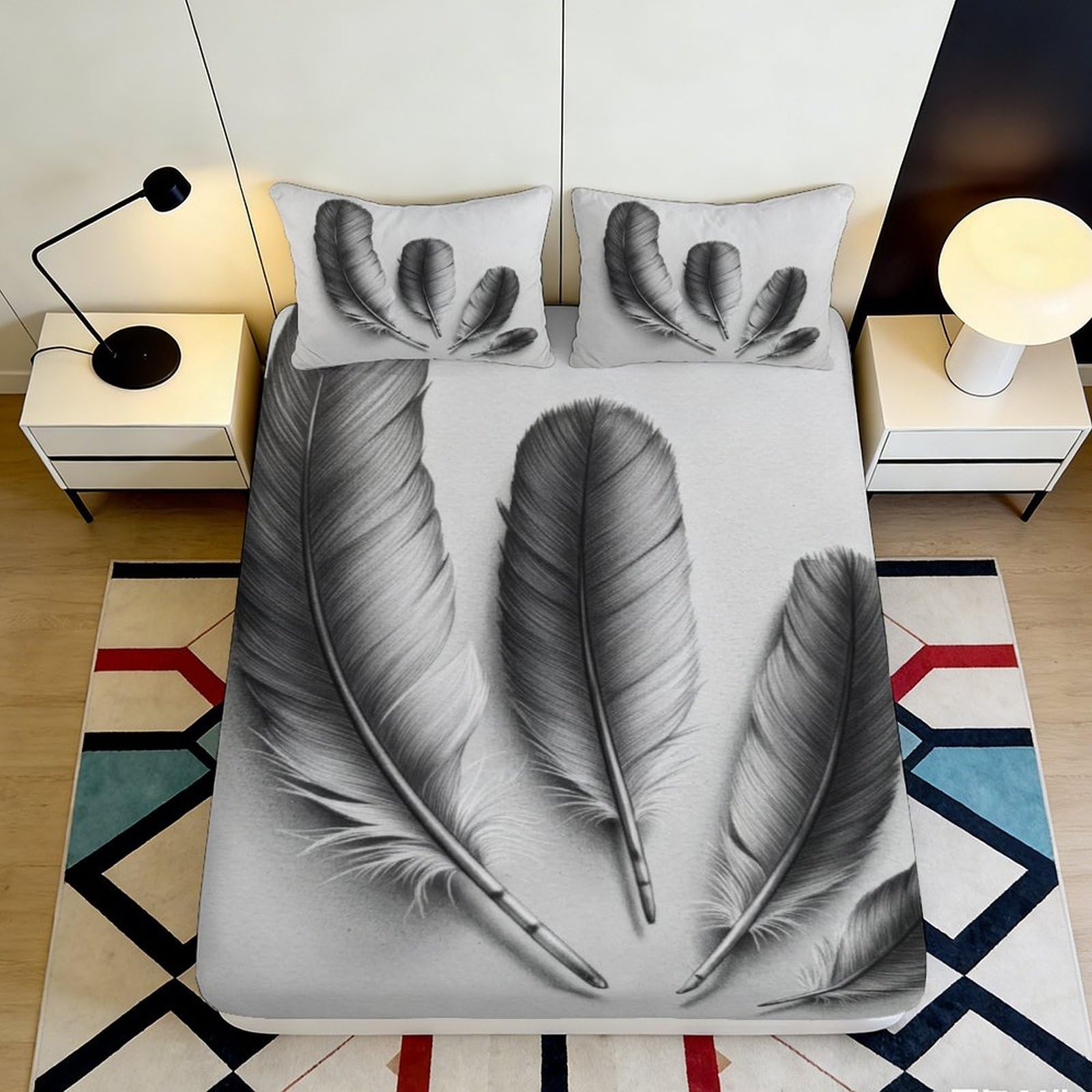 3D Printed Black Feather Fitted Sheet Microfiber Soft Grey Leaf Bed Sheet for Bedroom Dorm Mattress Cover Decor 90x200x25cm