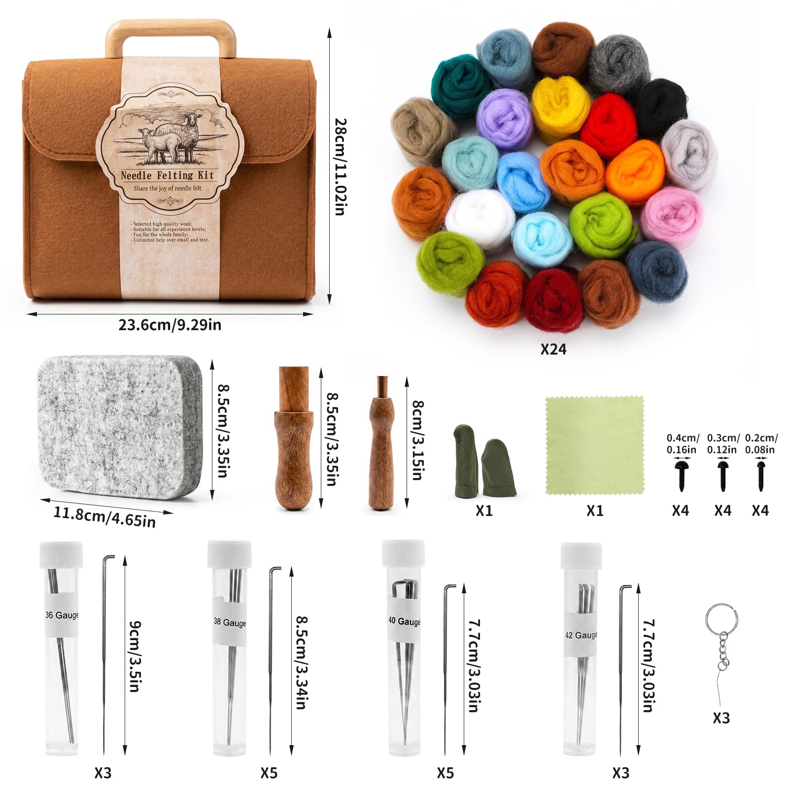 EOJDDPA 66-częściowy zestaw filcu igłowanego z 24 kolorami wełny filcowej, 16 igieł filcowych, podkładka filcowa (11,8 x 8,5 cm), torba do przechowywania i drewniane uchwyty, zestaw startowy DIY dla