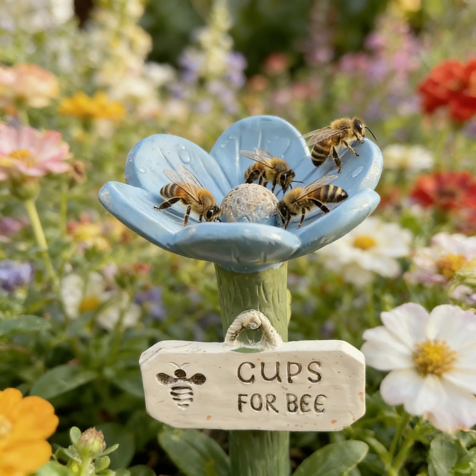 Flower-Shaped Ceramic Bee Watering Station: Bee Cups for Bees and Butterflies | Colorful Decorative Bath for Pollinators, Garden, Yard, Lawn, Patio, Balcony (Blue)