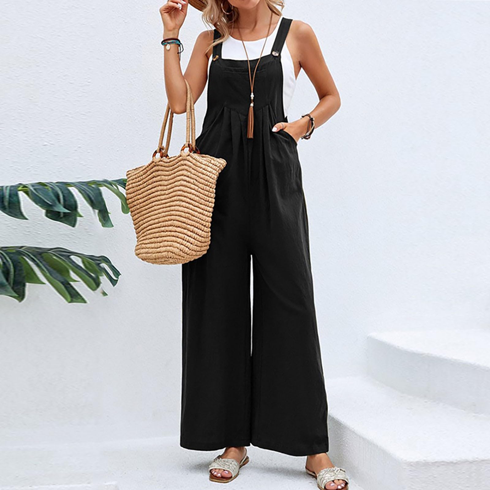 Black Linen Jumpsuits for Women Wide Leg Sleeveless Spaghetti Strap Overalls Bohemian One Piece Jumpsuit Loose Cotton Work Rompers with Pockets Casual Bib Overalls Summer Clothes for Women 2025