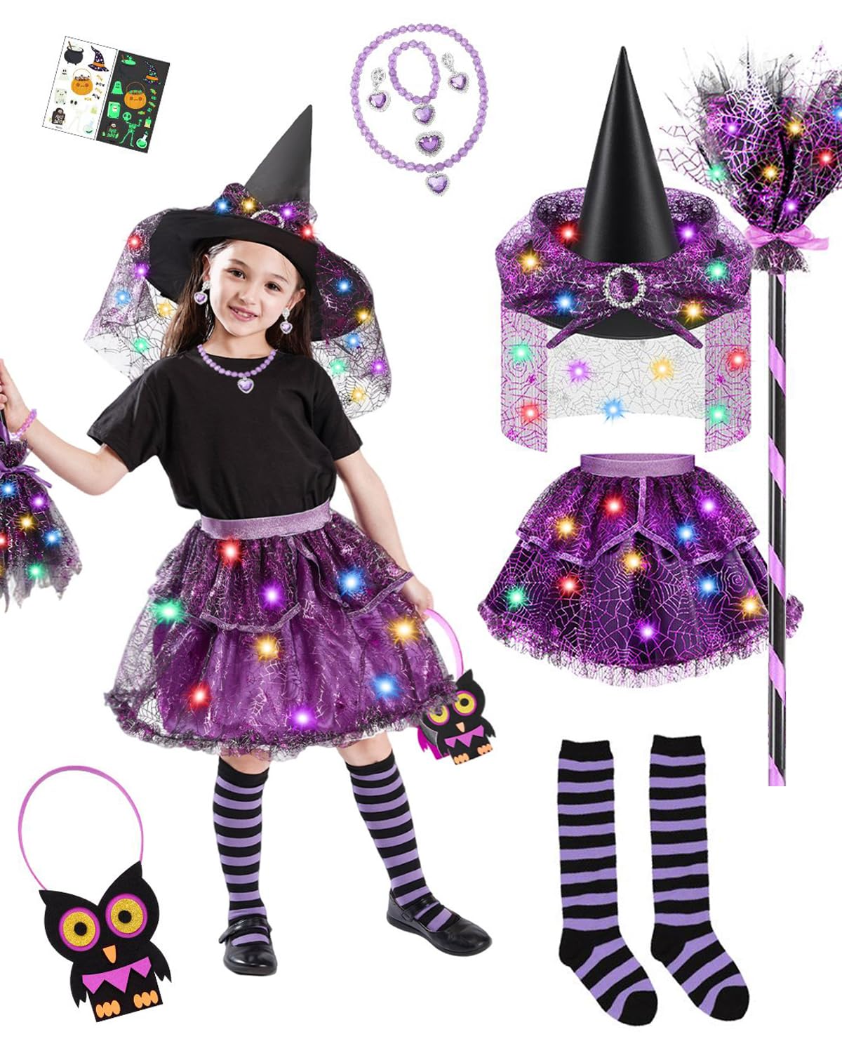 Witch Costume for Girls Aged 3-8 Years Halloween Light Up Skirt with Broom Hat Treat Bag Kids Toddler Girls Dress Up