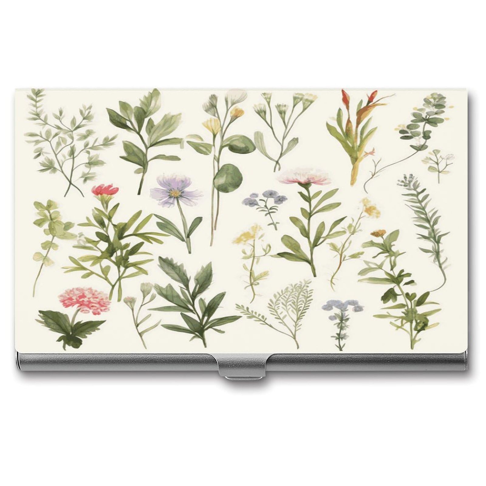JTREHY Season Watercolors of Herbs Flowersb Business Card Holder Slim Purse Name Card Holder Portable Metal Business Card Case Wallet Large Capacity Lightweight Business Card Case for Men Women