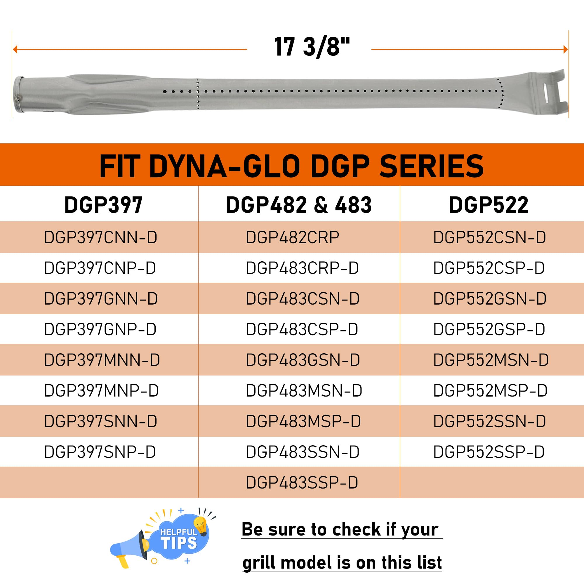 Części zamienne do grilla Rury palnika głównego 17-3/8 cala do palnika Dyna-Glo Premier 3 DGP397CNN-D, DGP397CNP-D, DGP397SNN-D, DGP397SNP-D, DGP397GNN-D, DGP397GNP-D, DGP397MNN-D, DGP397MNP-D,