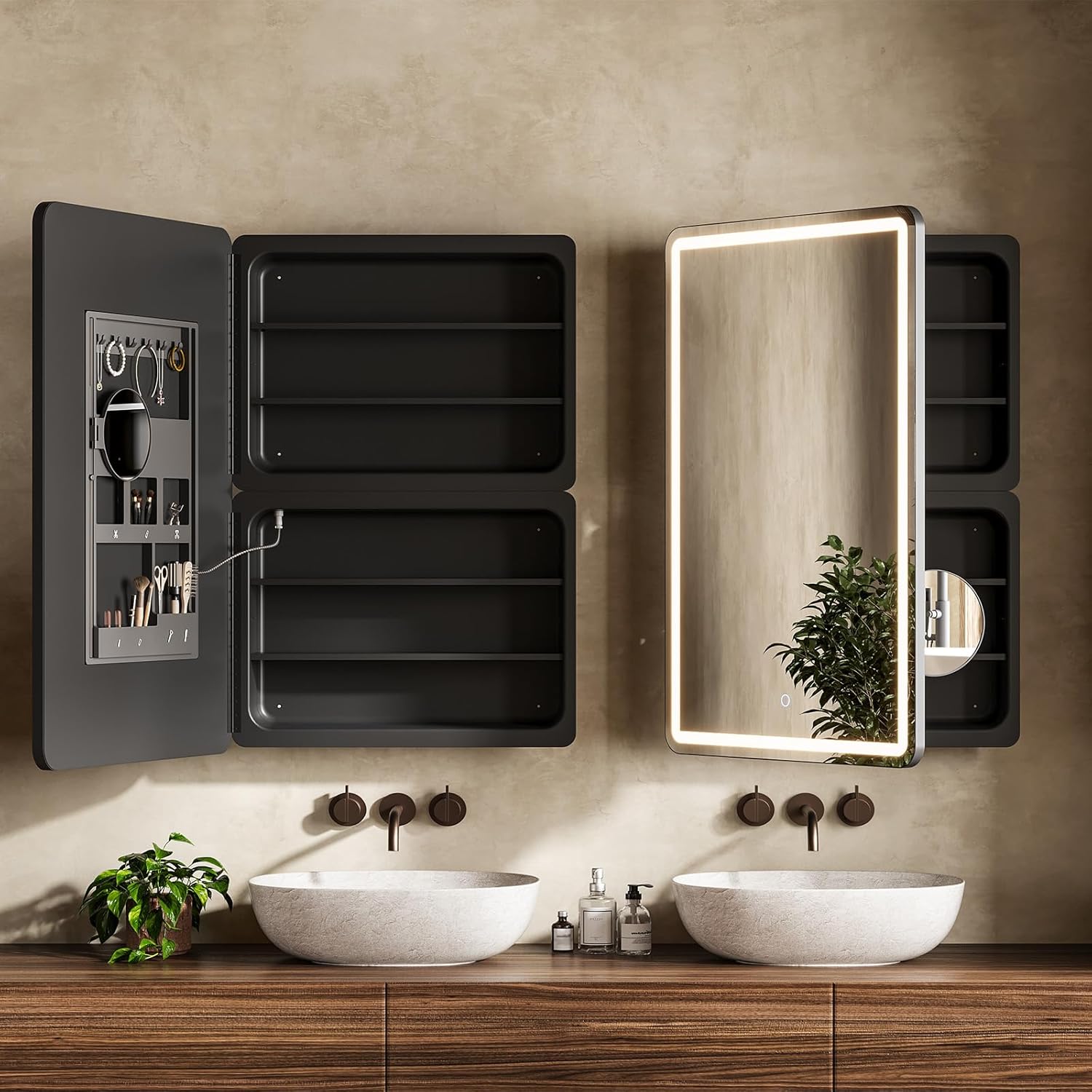 24x36 Inch LED Lighted Medicine Cabinet with Mirror for Bathroom, Wall Mounted or Recessed Mirror Cabinet with 3X Magnifying Mirror, Adjustable Storage Shelves, Modern Design