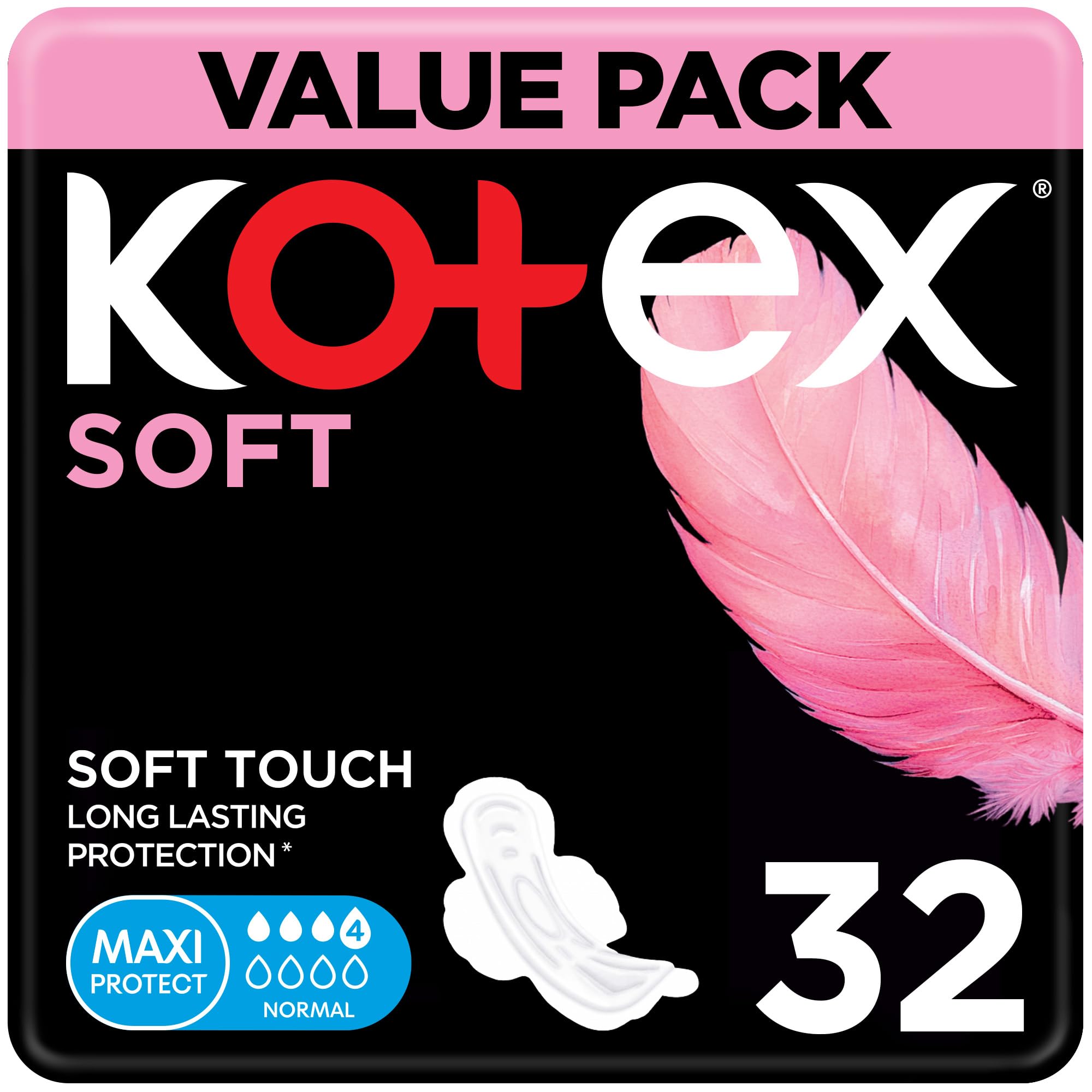 Kotex Maxi Soft Normal Sanitary Pads, 32 Count – Extra-Soft Everyday Day Pads with Reliable Absorbency & Gentle Cushioned Cover for Sensitive Skin and Comfortable Daily Wear