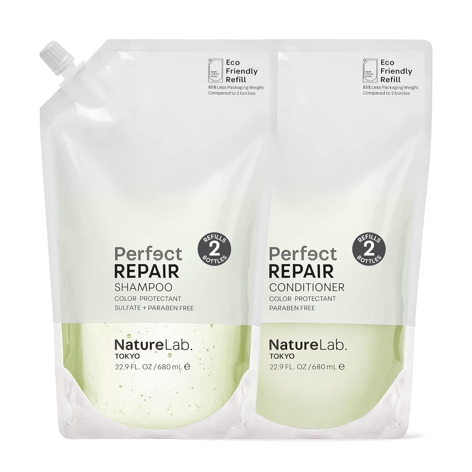 NatureLab.TOKYO Perfect Repair Shampoo & Conditioner: Eco-Friendly Refill Pouch Duo: Replenish and Restore Damaged, Color Treated Hair and Strengthen New Hair I 22.9 FL OZ Each | $60 VALUE