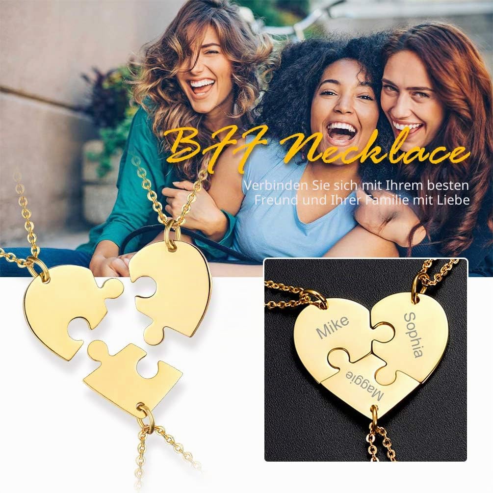 PROSTEEL personalisiert Collier 2/3/4/5/6 Stücke Herz Puzzle Anhänger mit 51cm 1,5mm Rolokette Edelstahl/18k vergoldet Namensketten Gravur Freundschaftsketten für Freundinnen Schwester