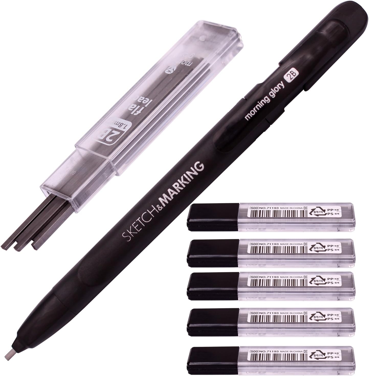 Morning Glory Flat Lead 1.8 mm Holder Pen Mechanical Pencil for Draft Drawing, Art Sketching/Calligraphy/Marking (1.8 mm 2B Lead 6 Tube-36 Leads) Graphite Lead Refill