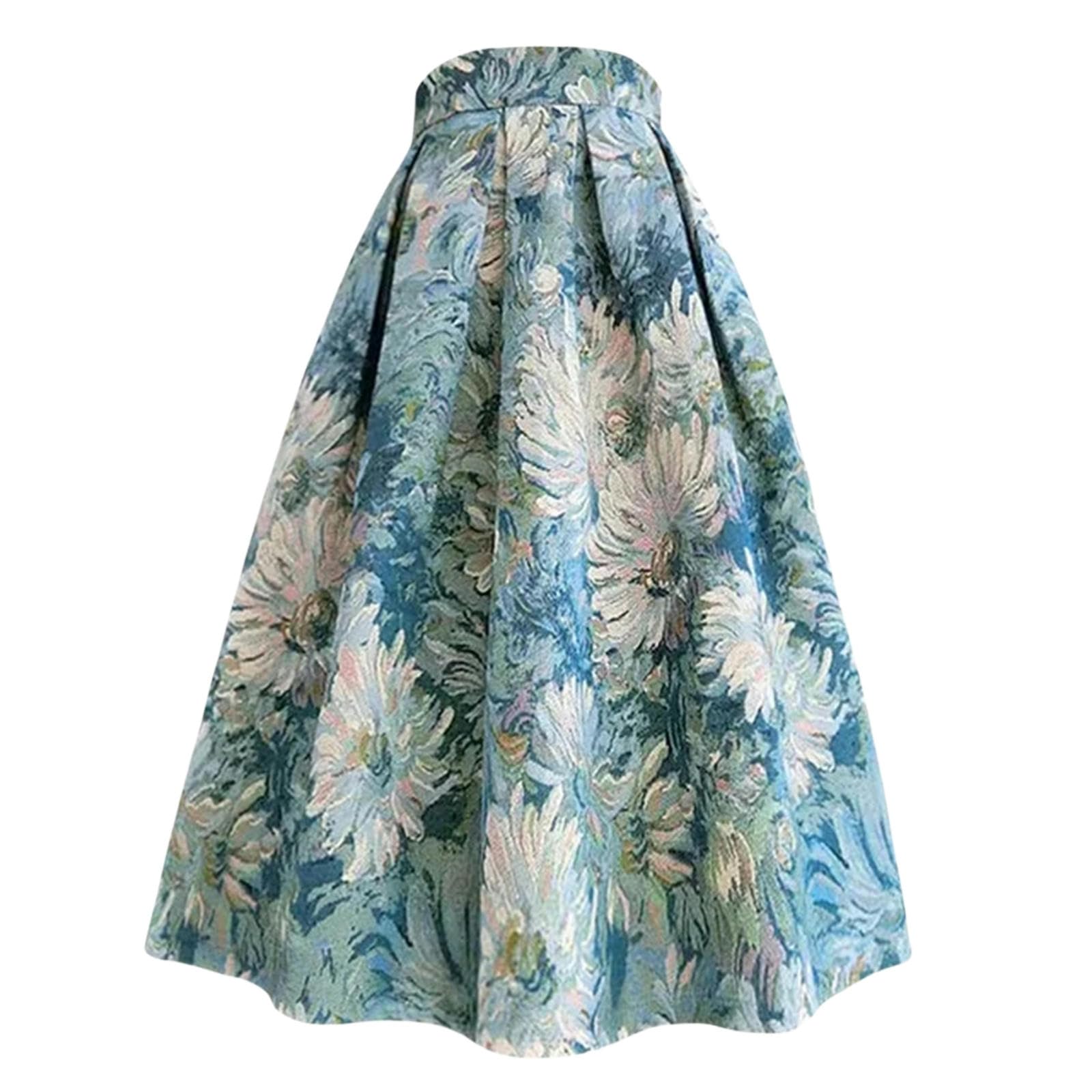 Rock Damen Frühlings- Und Herbst Retro Elegant Damen Red Retro Blumen Schöner Jacquard High Taille Long A-line Faltenrock