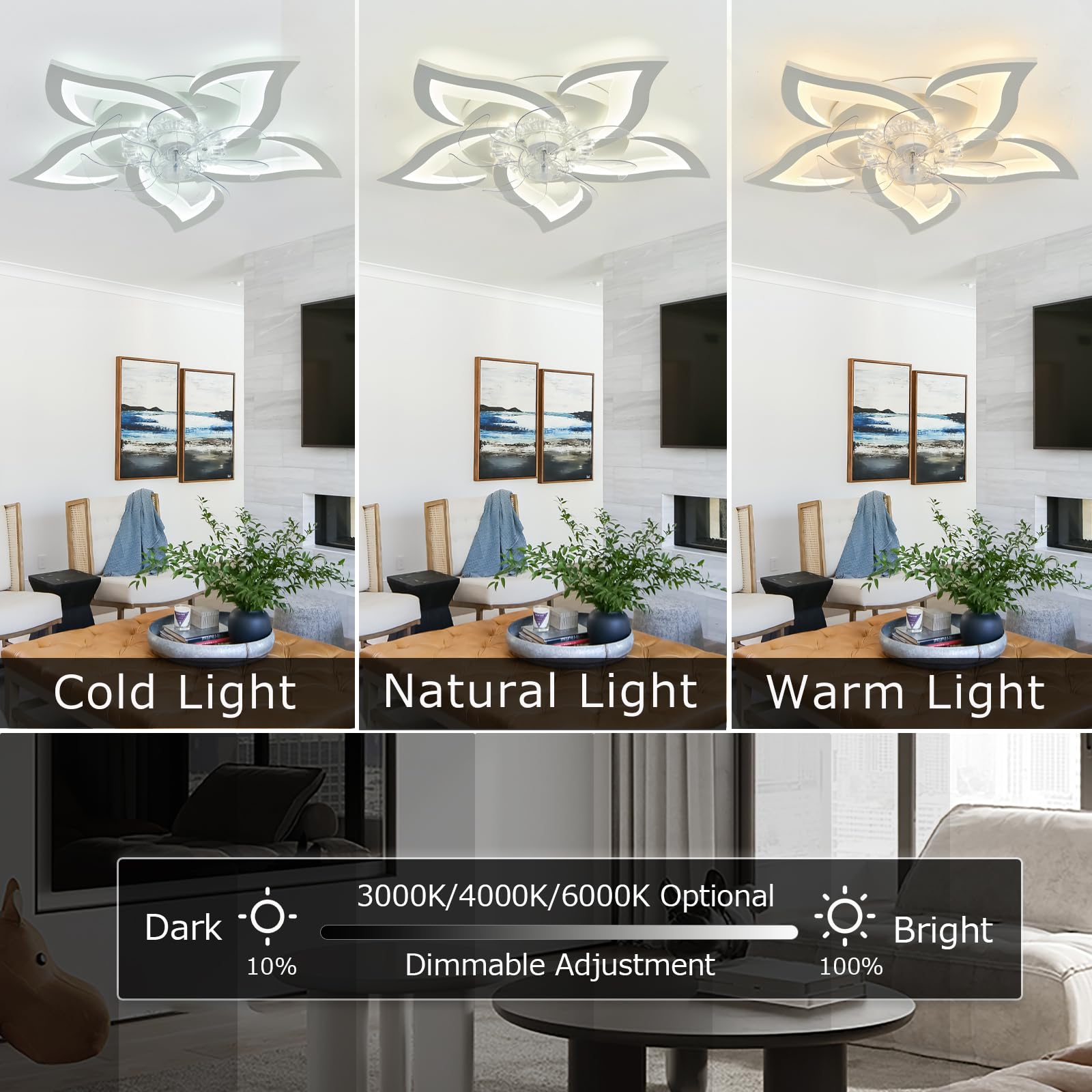 65cm Deckenventilator mit Beleuchtung Leise, Blumen-Deckenleuchte mit Ventilator Kompatibel mit Alexa und Google Assistant, Timer Dimmbarer Ventilator mit Lampe für Schlafzimmer, Schwarz