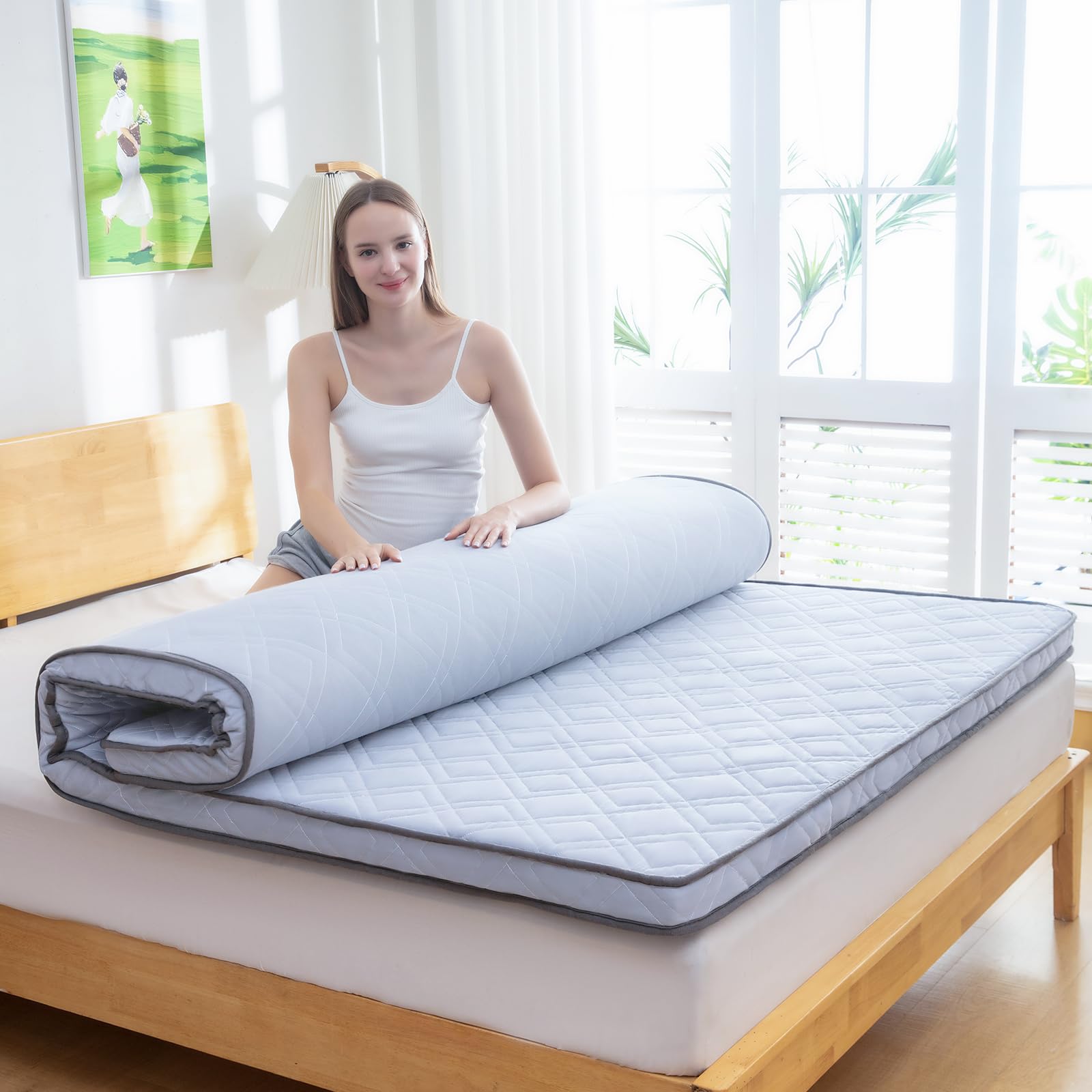 Japanese Futon Mattress, Thicken Queen Size 60"x 80"-3.2" Sleeping Floor Mattress Foldable & Portable Roll up Camping Mattress?Silver Grey?