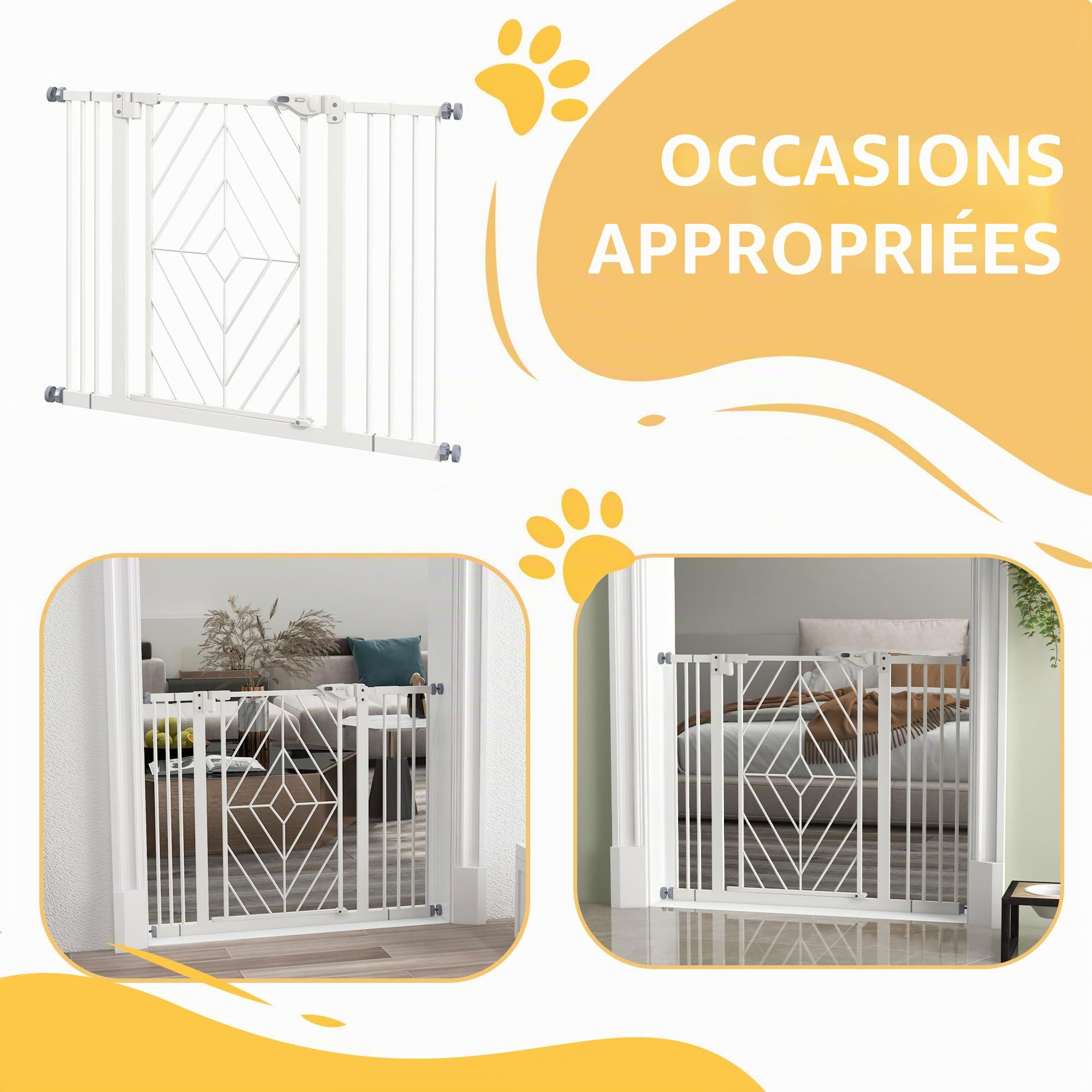 PawHut Grille de protection d'escalier pour chien, avec porte à fermeture automatique, sans perçage, pour chien, 74 à 100 cm, blanche