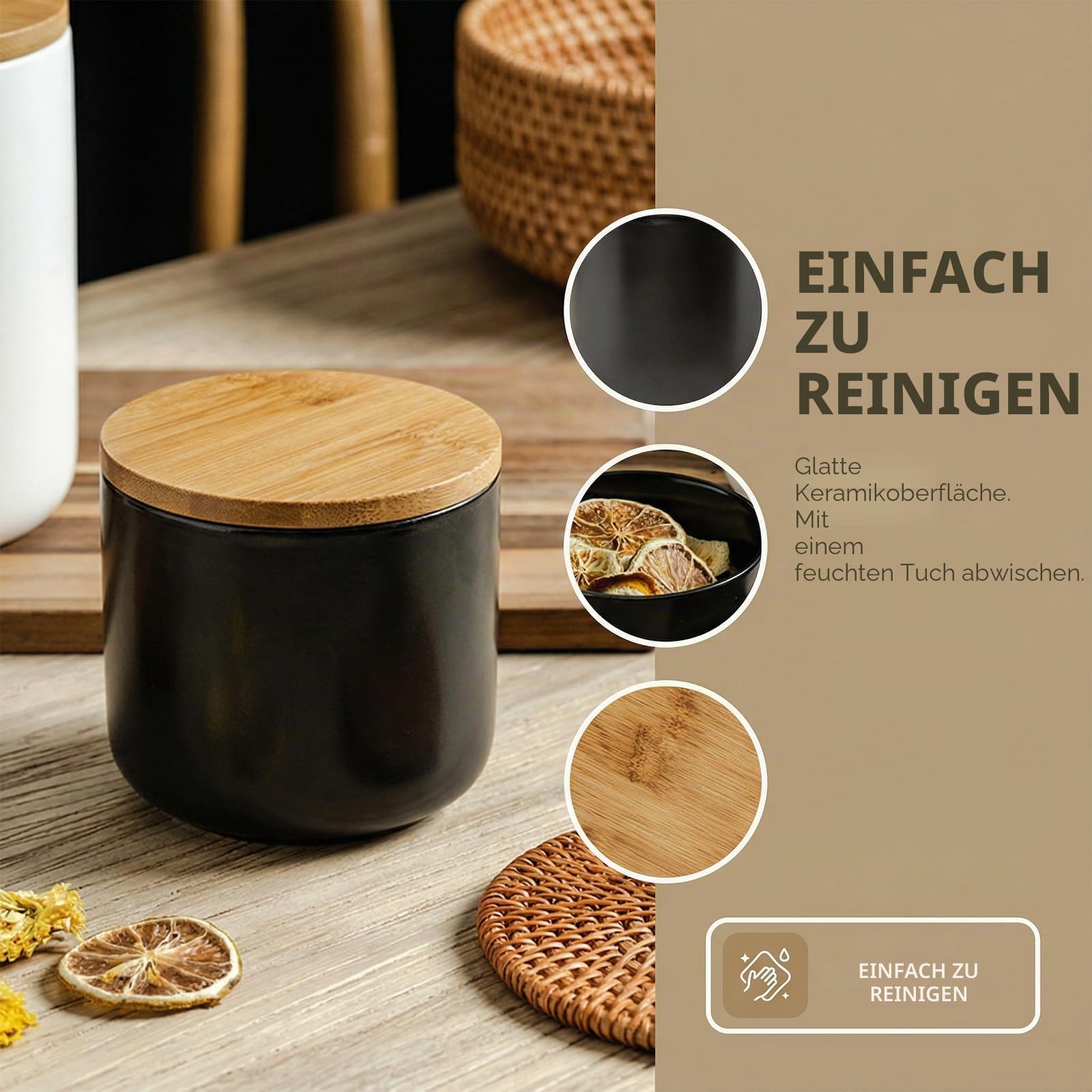 Amexo Schwarz Keramik Vorratsdose Kaffeedose mit Versiegeltem Bambusdeckel, Moderne Design Frischhaltedose 260ml/9oz Keramik Aufbewahrungsdosen für Tee Kaffee Bohne Zucker Gewürz Nüsse Korn Snack
